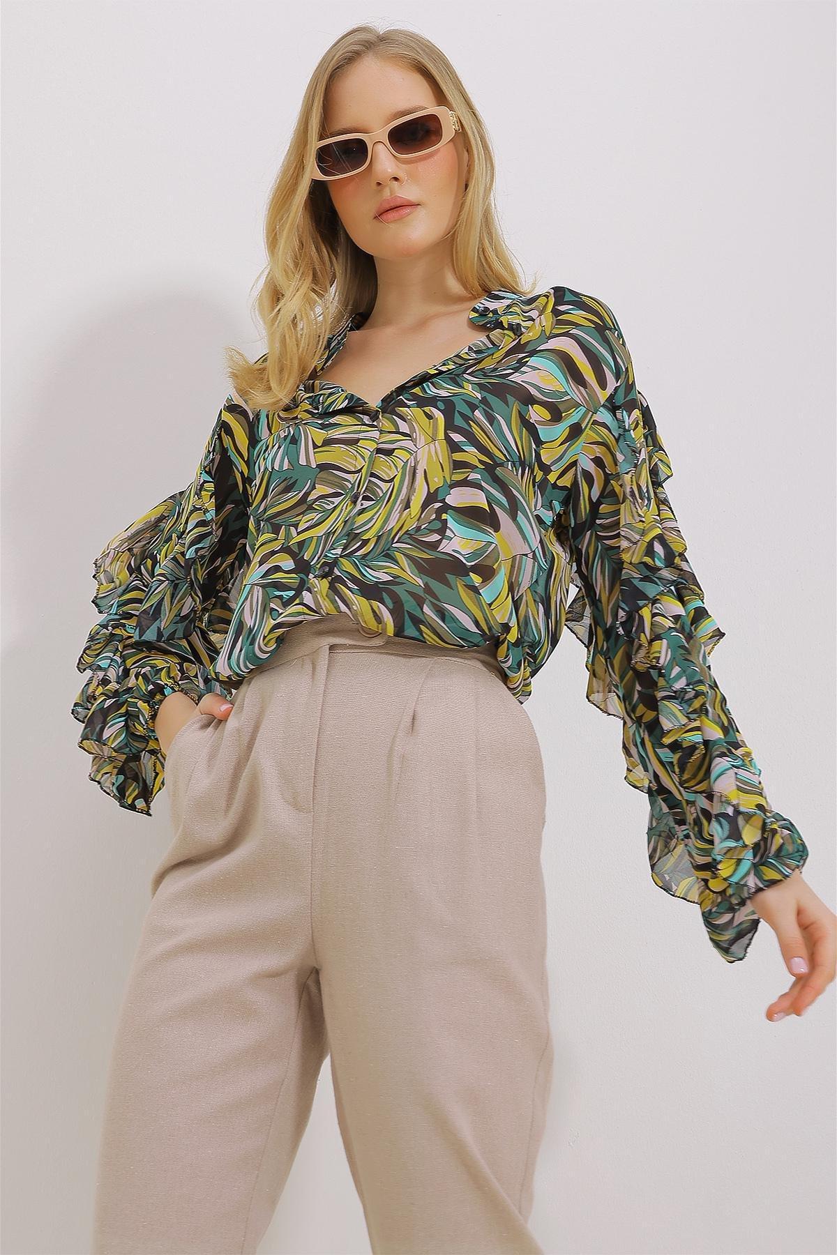Womens Green Judge Collar Sleeves Flounce Patterned Chiffon Shirt ALC-X11478, single, , large image number 3