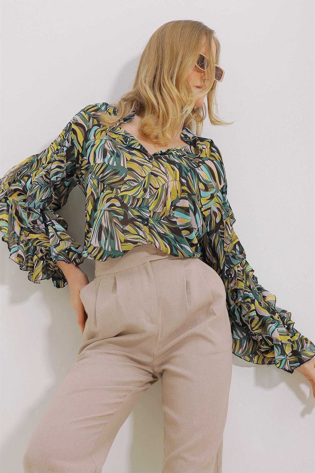 Womens Green Judge Collar Sleeves Flounce Patterned Chiffon Shirt ALC-X11478, single, , large image number 4