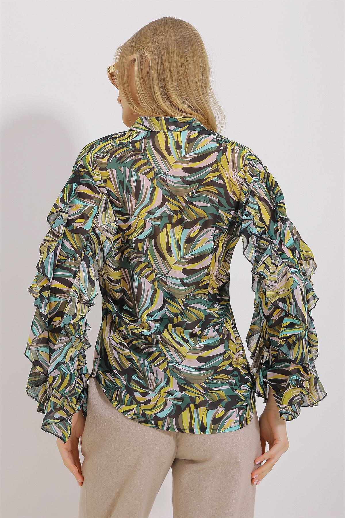 Womens Green Judge Collar Sleeves Flounce Patterned Chiffon Shirt ALC-X11478, single, , large image number 5