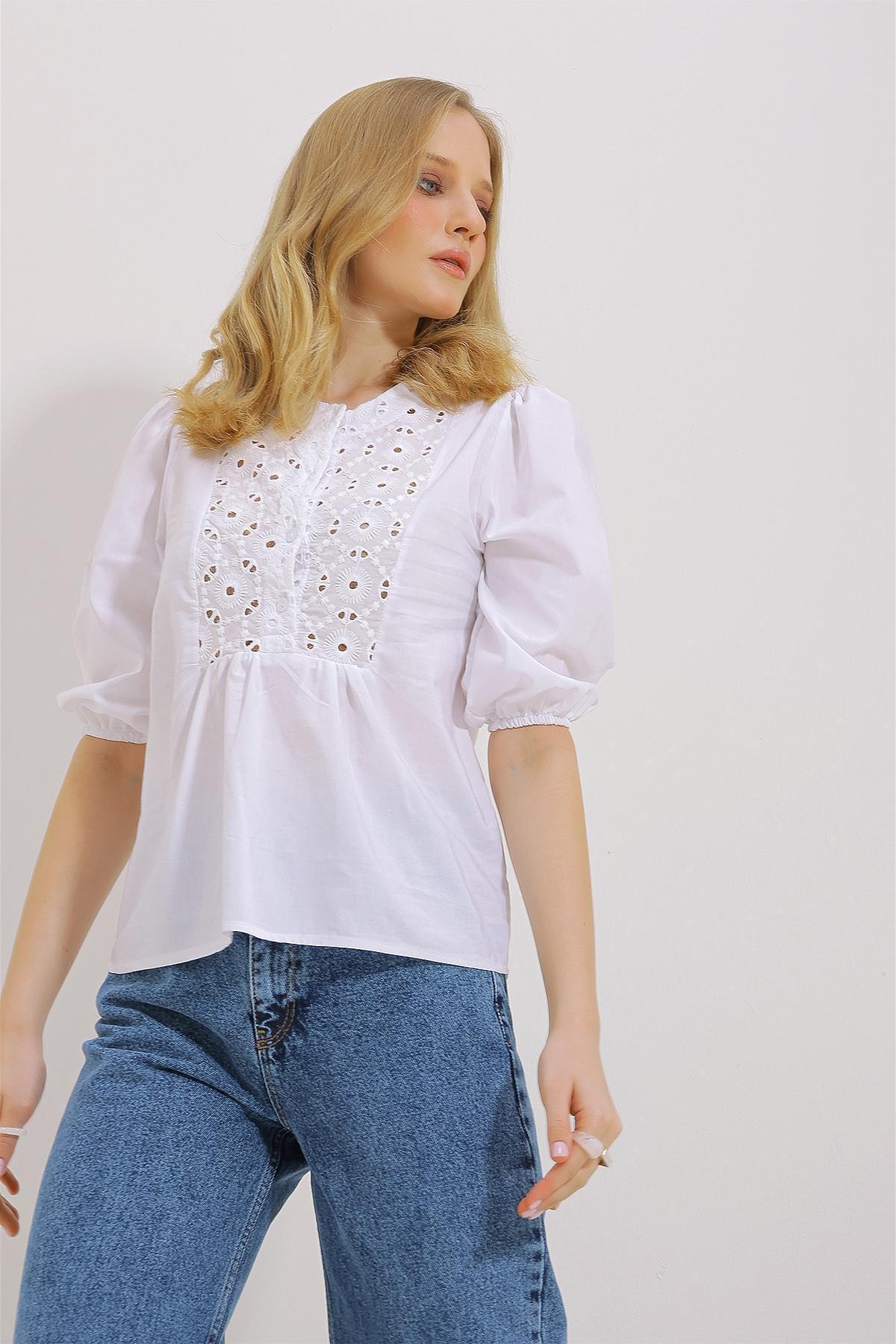 White Crew Neck Sleeve Blouse, White, large image number 2
