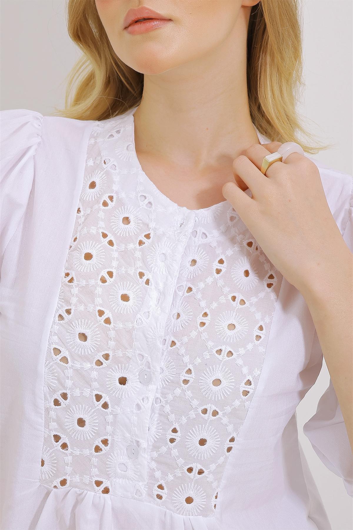 White Crew Neck Sleeve Blouse, White, large image number 4