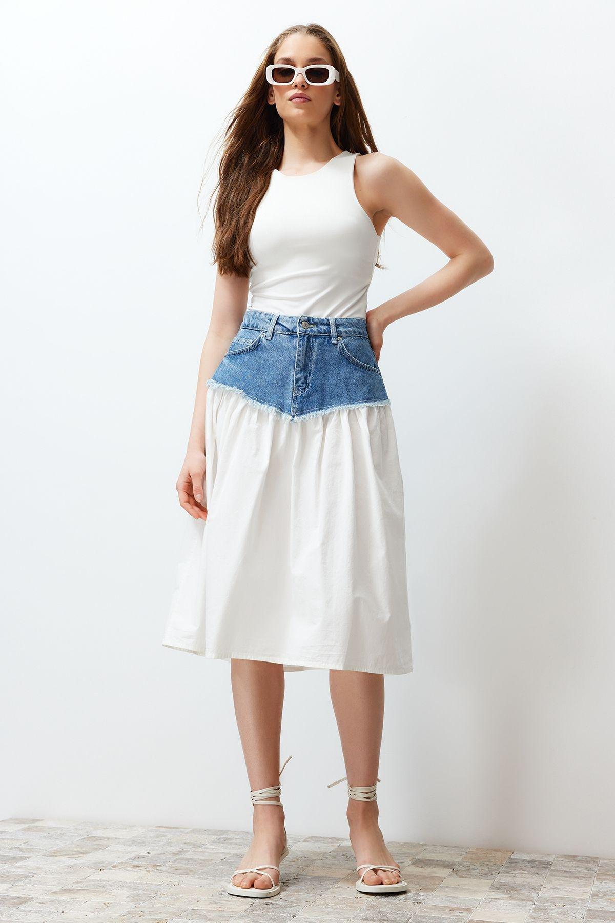 Blue Color Block High Waist Midi Denim Skirt TWOSS24ET00142, , large image number 0