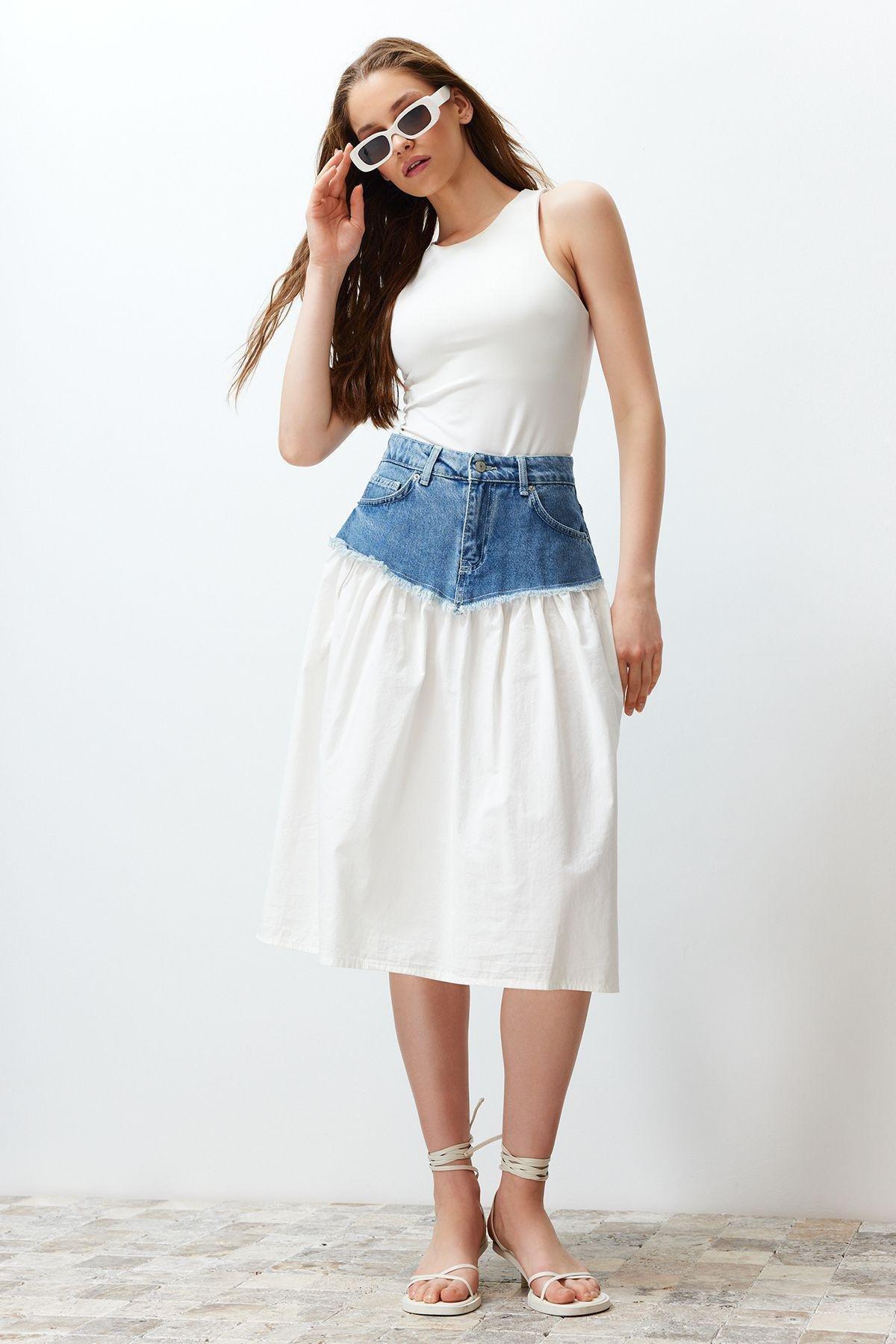 Blue Color Block High Waist Midi Denim Skirt TWOSS24ET00142, , large image number 1