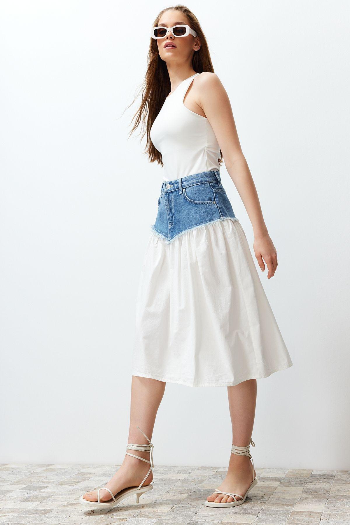 Blue Color Block High Waist Midi Denim Skirt TWOSS24ET00142, , large image number 3