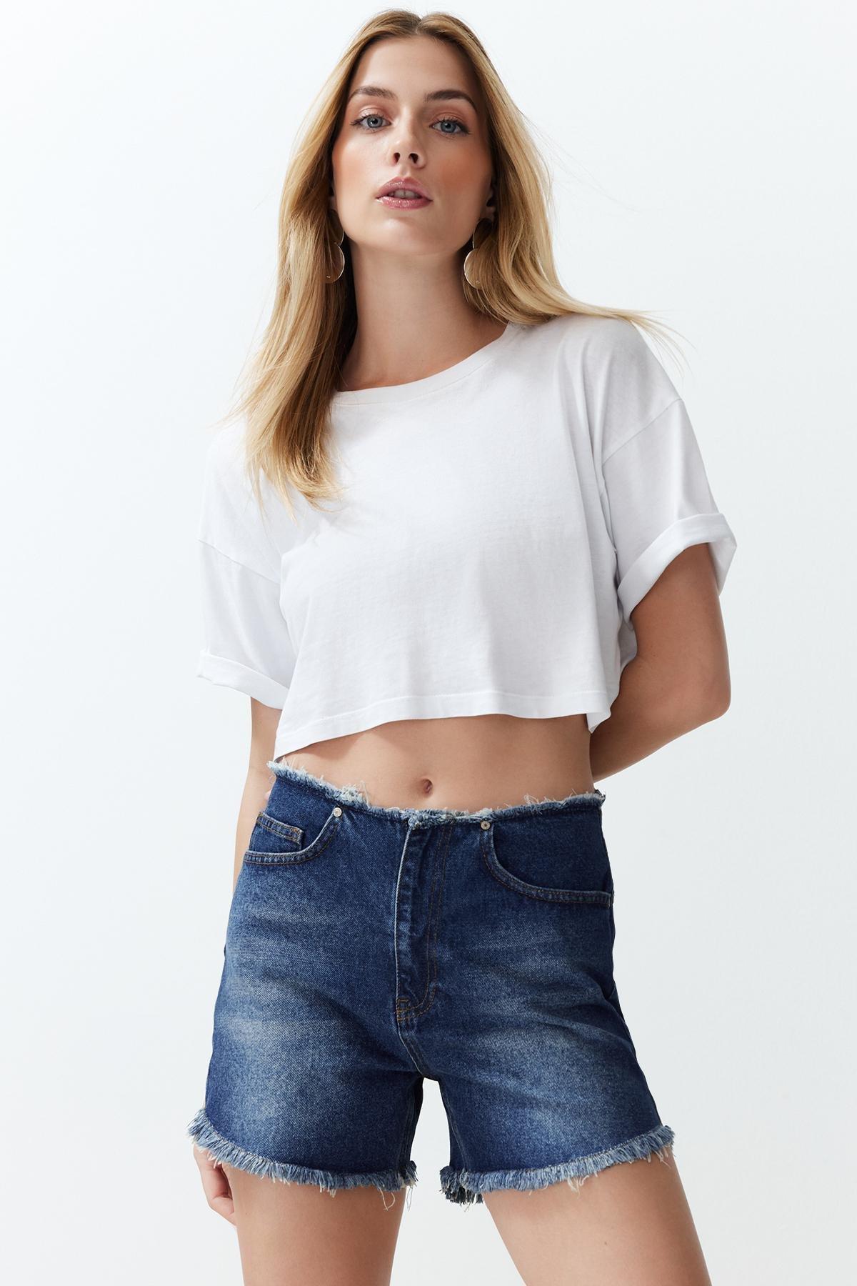 Blue More Sustainable Denim Shorts with Tassel Waist & Bermuda TWOSS24SR00056, , large image number 1