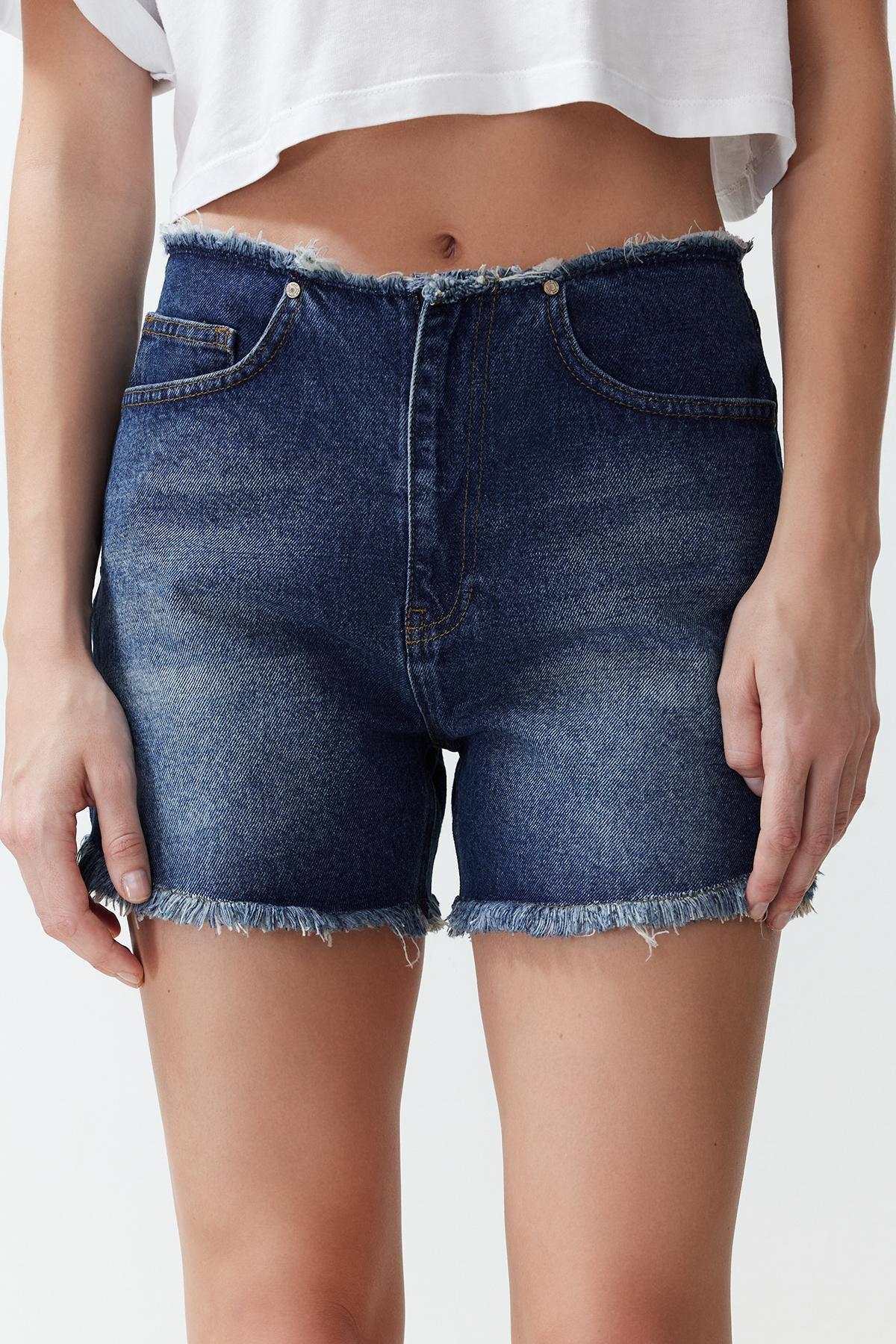 Blue More Sustainable Denim Shorts with Tassel Waist & Bermuda TWOSS24SR00056, , large image number 4