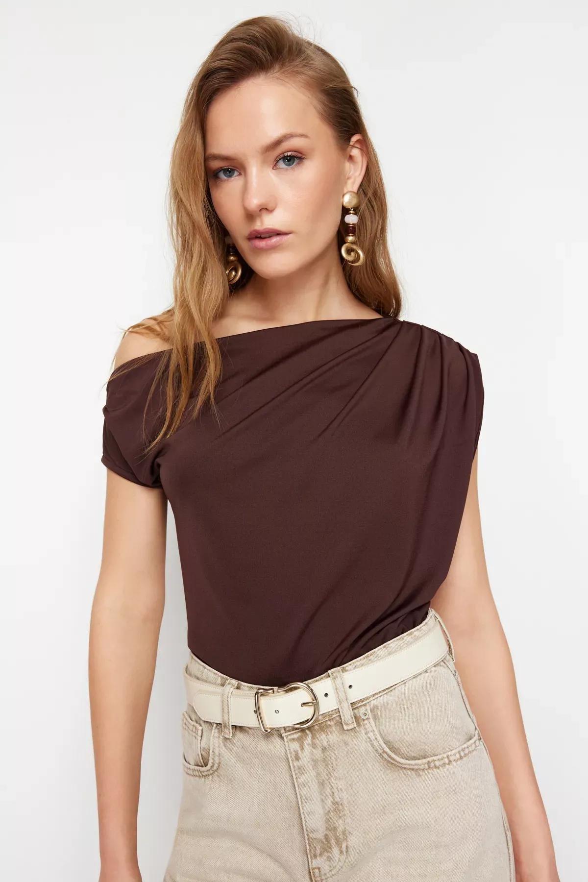 Brown Asymmetric Collared Knitted Blouse, Brown, large image number 1