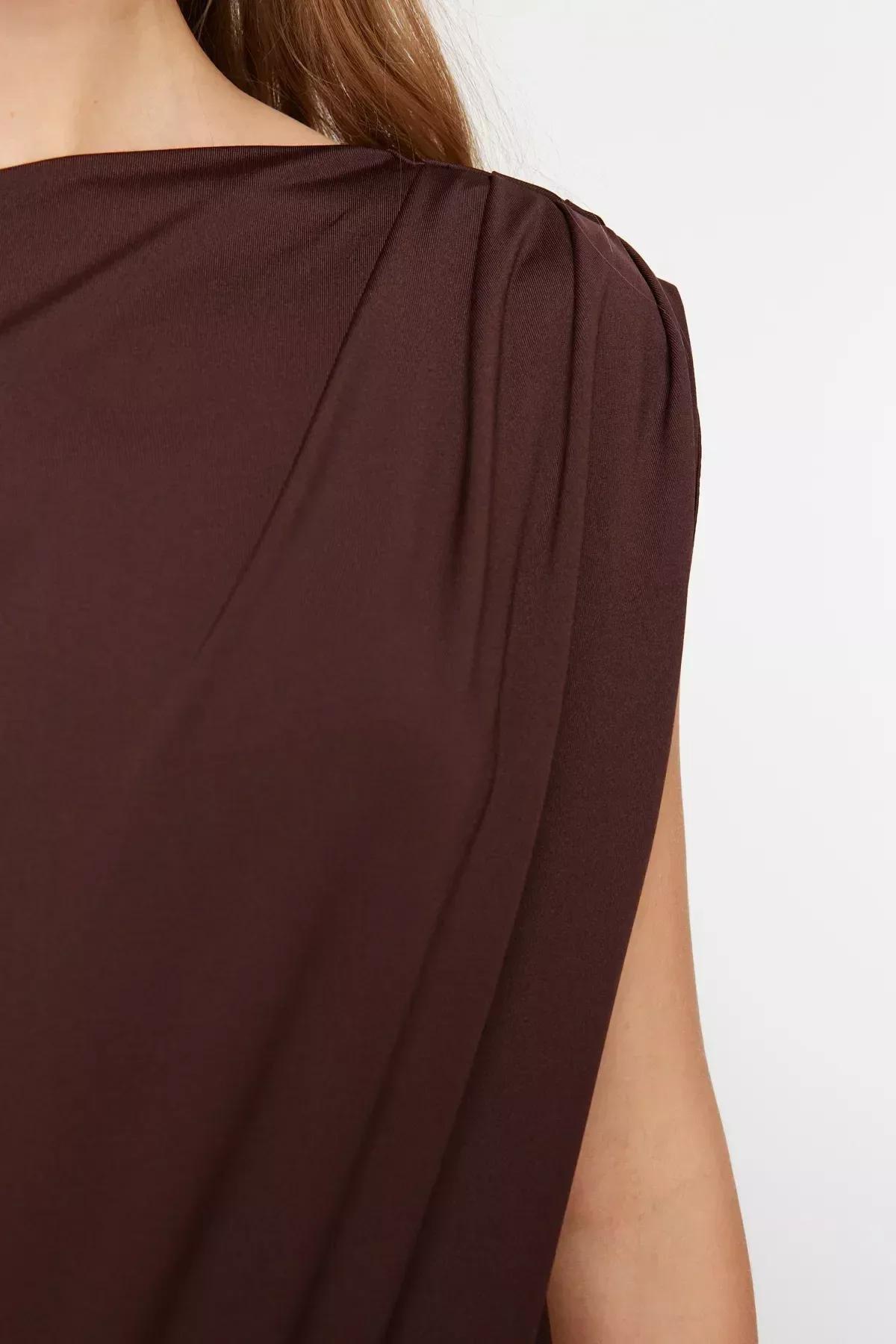 Brown Asymmetric Collared Knitted Blouse, Brown, large image number 4