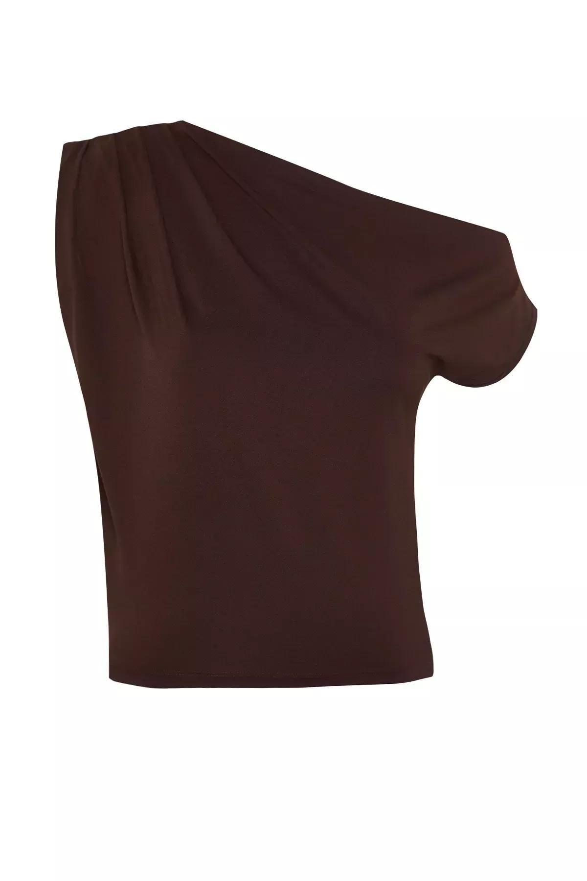 Brown Asymmetric Collared Knitted Blouse, Brown, large image number 5