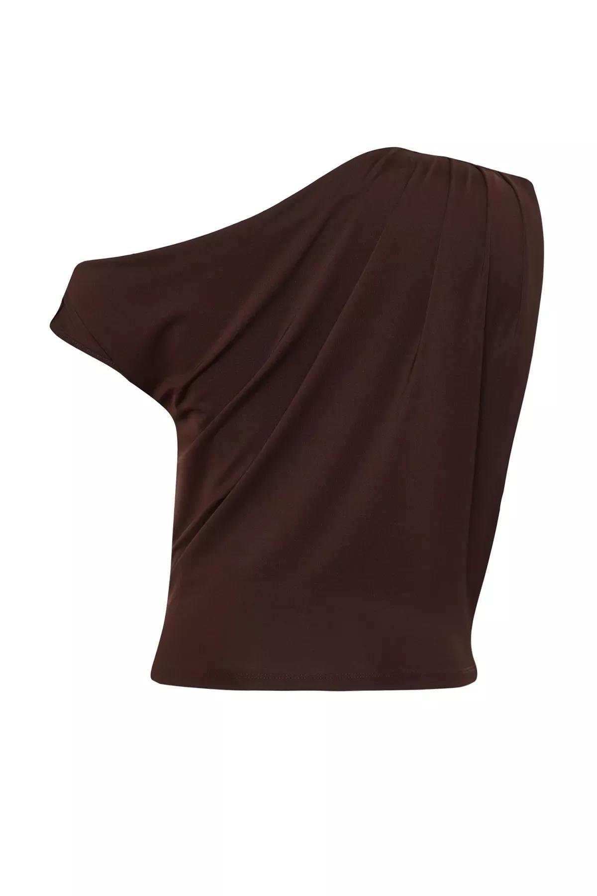 Brown Asymmetric Collared Knitted Blouse, Brown, large image number 6