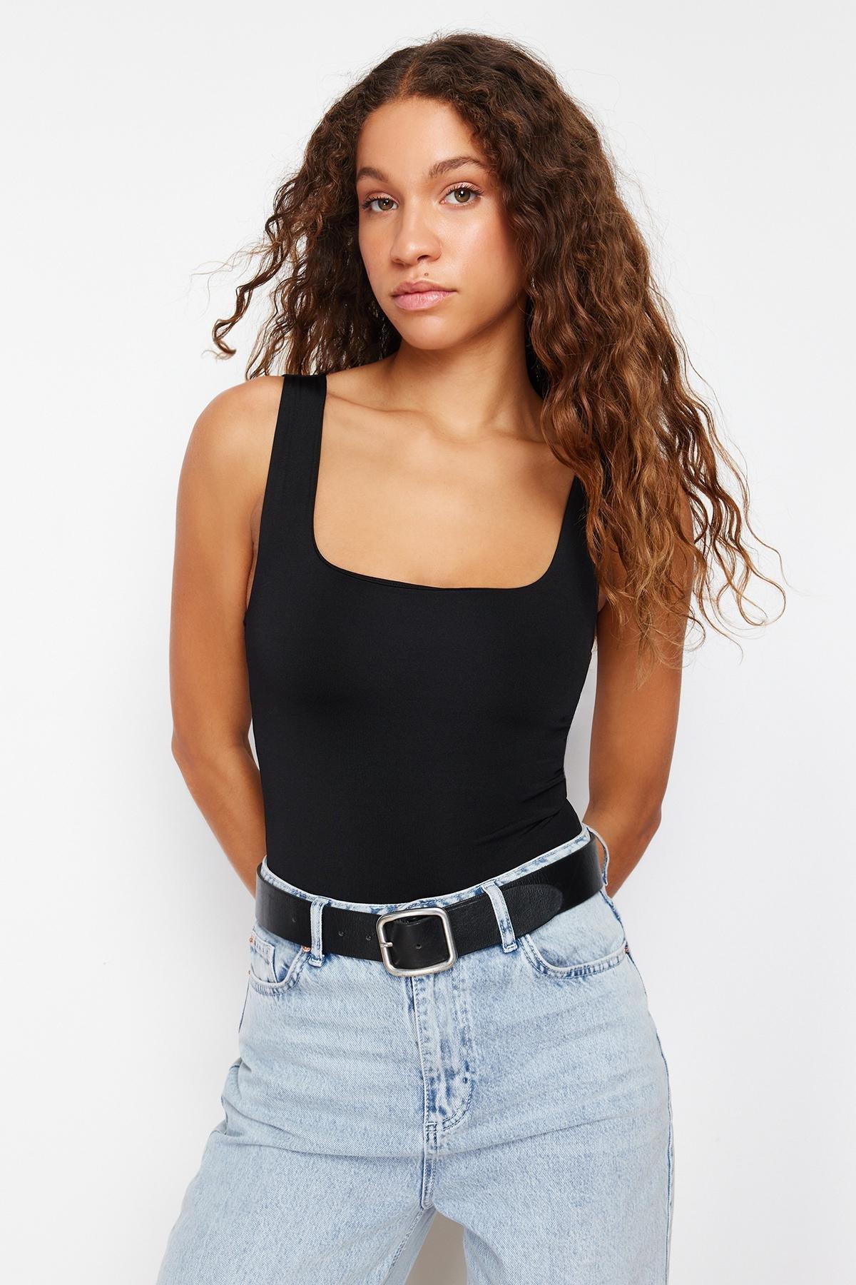 Black Fitted/Sticky Back Detailed Square Neck Snaps Elastic Knitted Bodysuit TWOSS24BD00026, , large image number 0