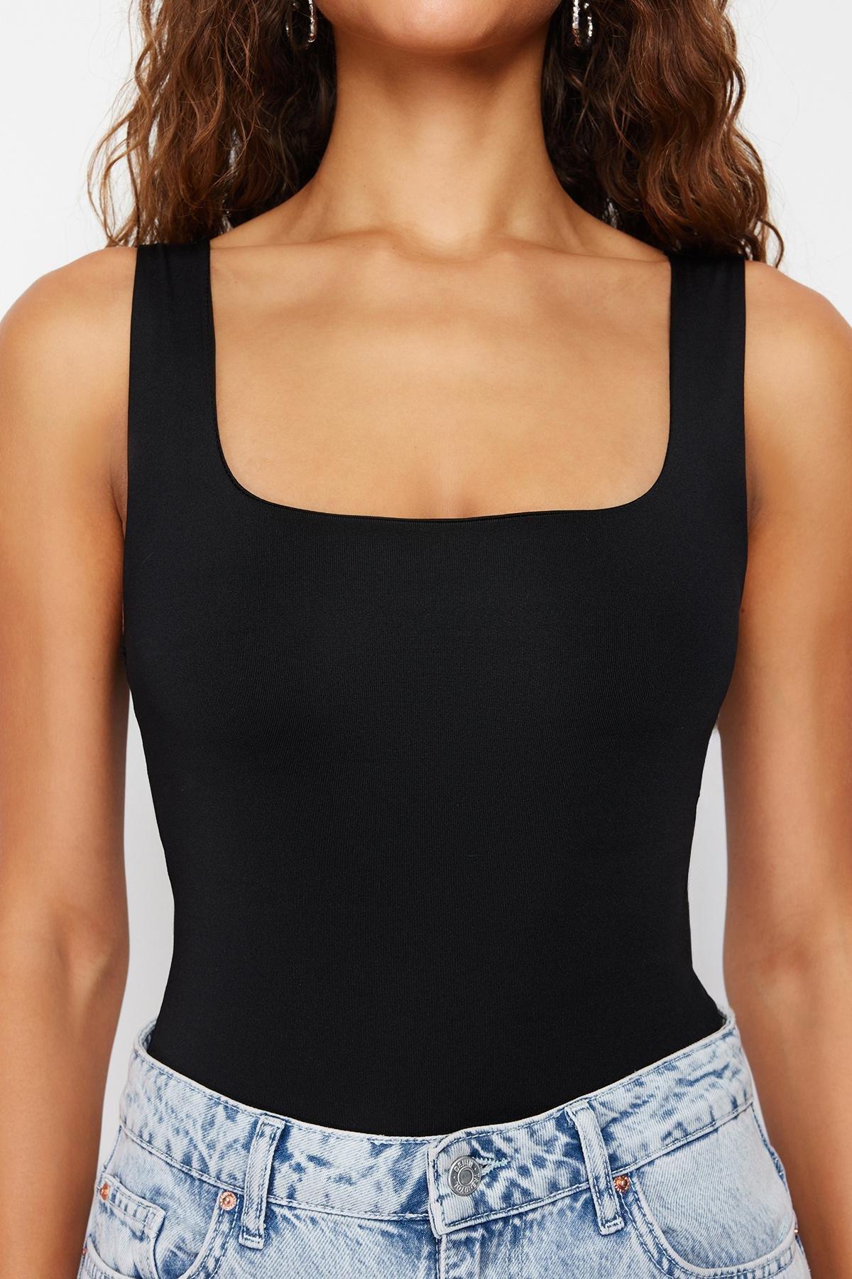 Black Fitted/Sticky Back Detailed Square Neck Snaps Elastic Knitted Bodysuit TWOSS24BD00026, , large image number 4