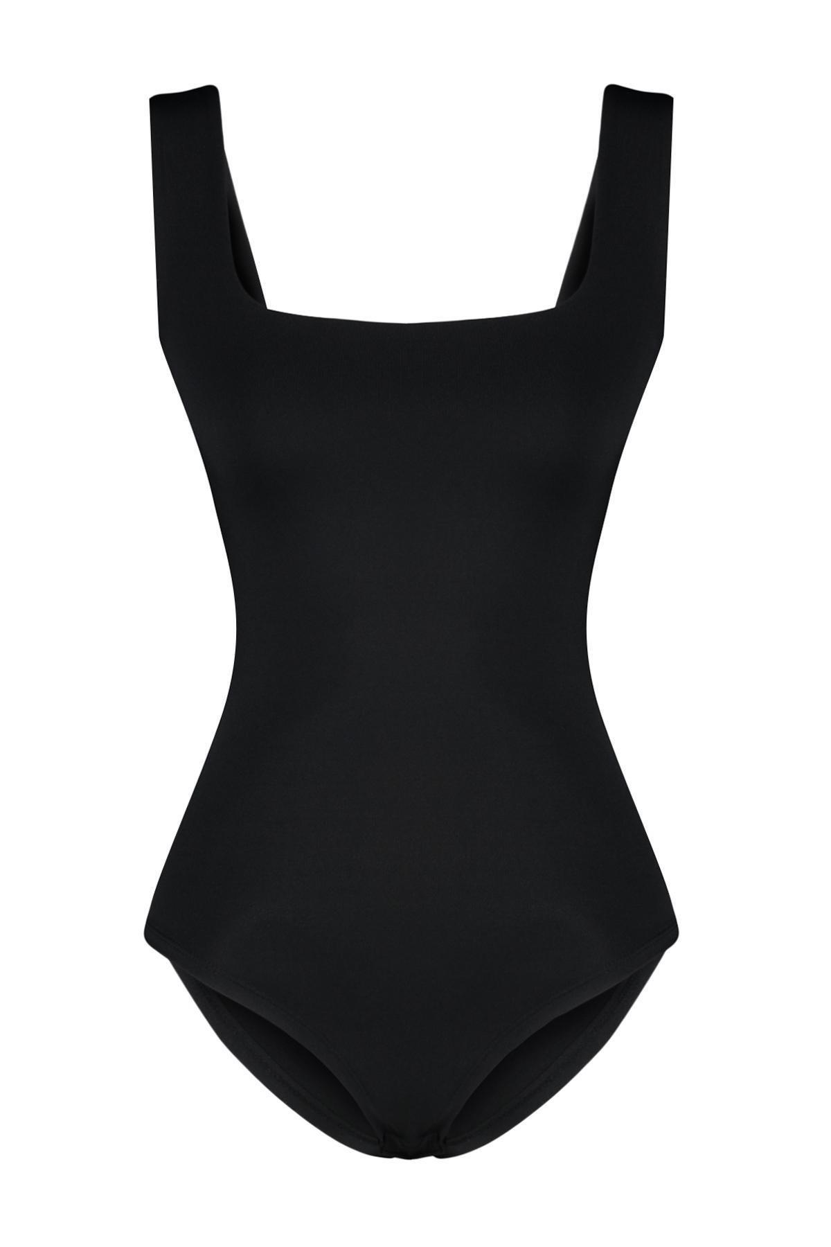 Black Fitted/Sticky Back Detailed Square Neck Snaps Elastic Knitted Bodysuit TWOSS24BD00026, , large image number 5