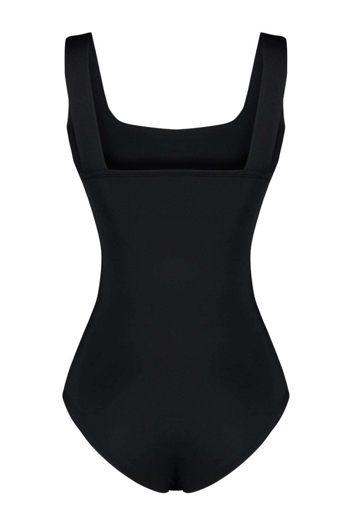 Black Fitted/Sticky Back Detailed Square Neck Snaps Elastic Knitted Bodysuit TWOSS24BD00026, , large image number 6