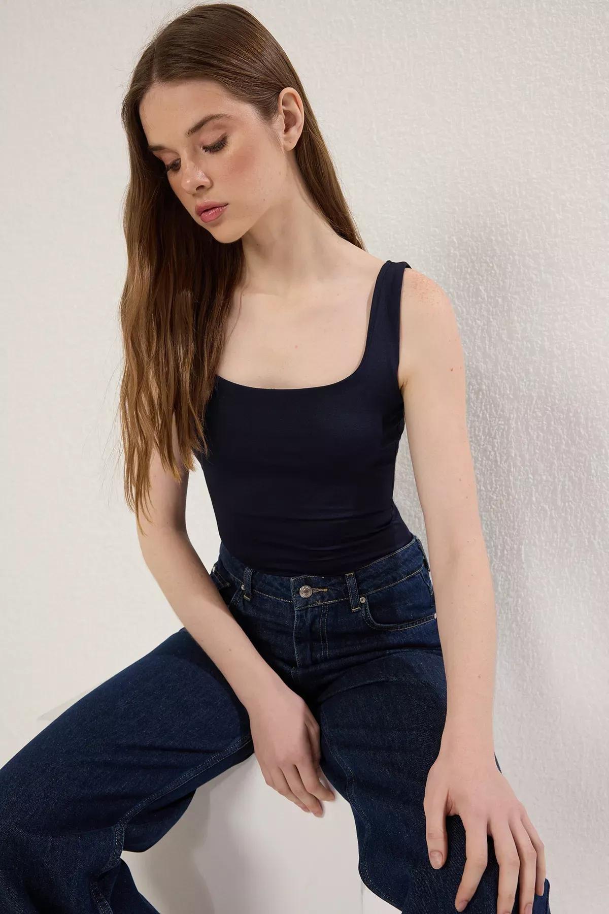 Blue Fitted Elastic Knitted Bodysuit, , large image number 0