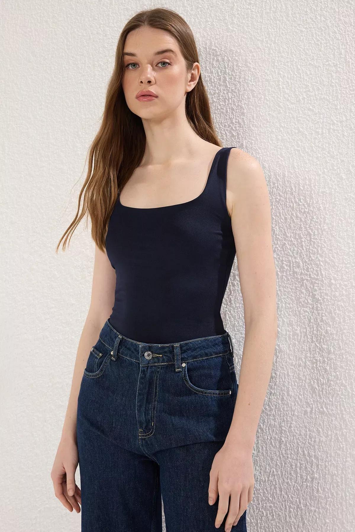 Blue Fitted Elastic Knitted Bodysuit, , large image number 1
