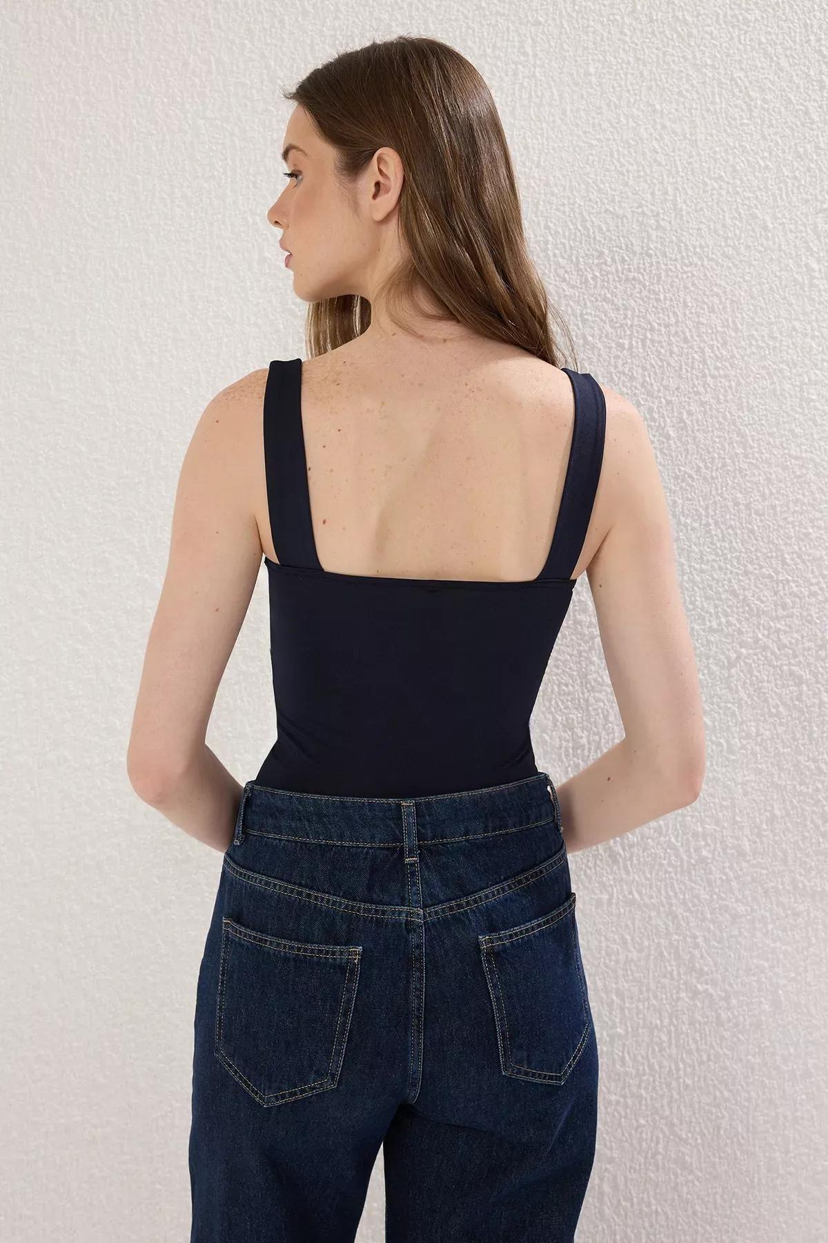Blue Fitted Elastic Knitted Bodysuit, , large image number 3