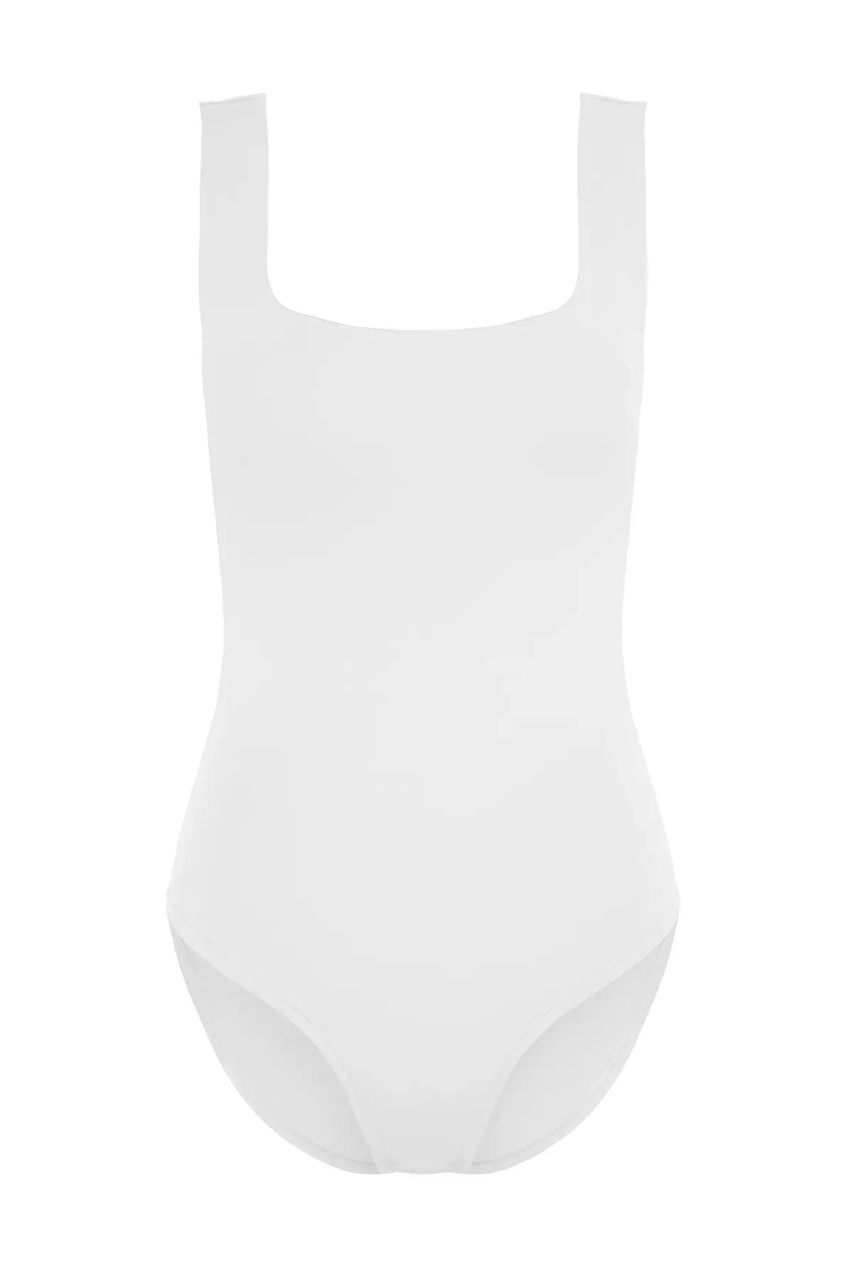 White Square Neck Knit Bodysuit, White, large image number 5