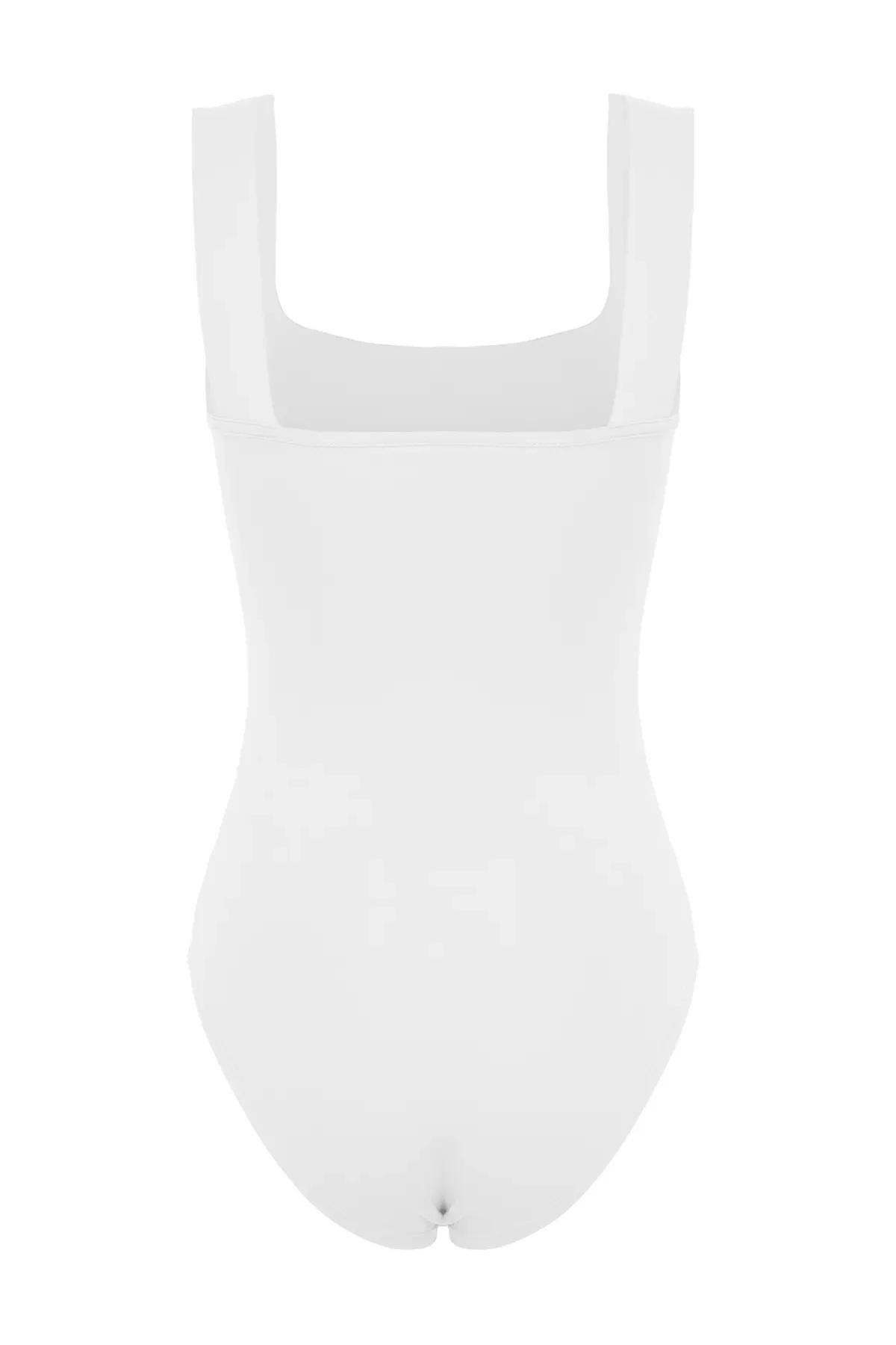 White Square Neck Knit Bodysuit, White, large image number 6