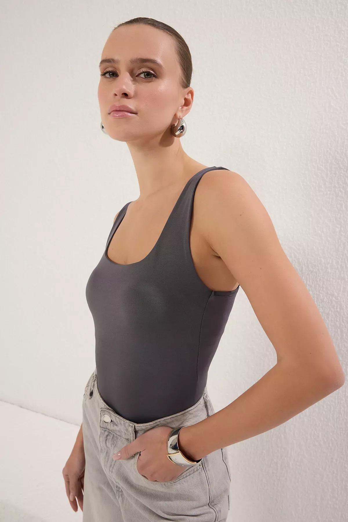 Grey Square Neck Snap Elastic Bodysuit, , large image number 0