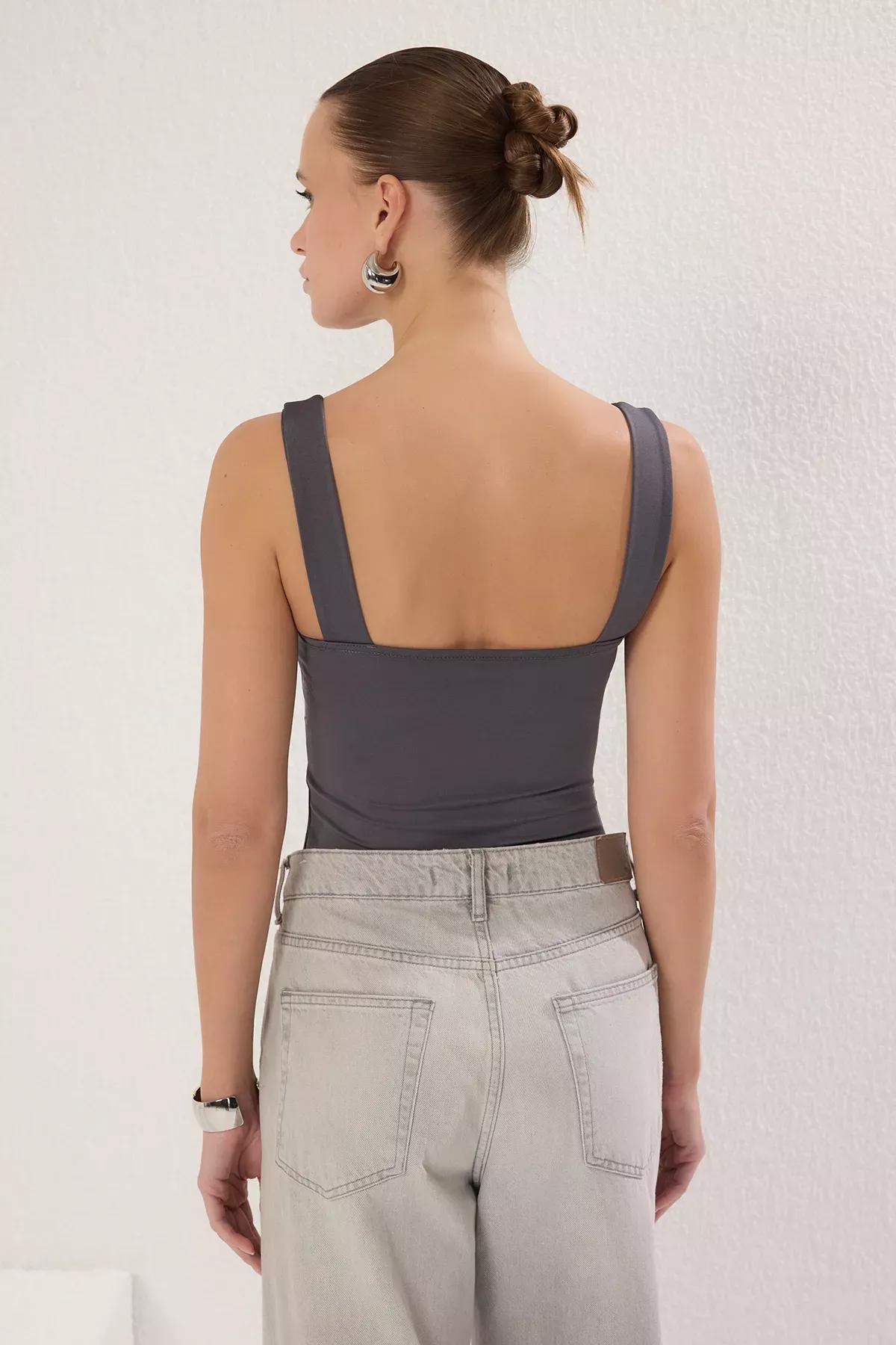 Grey Square Neck Snap Elastic Bodysuit, , large image number 3