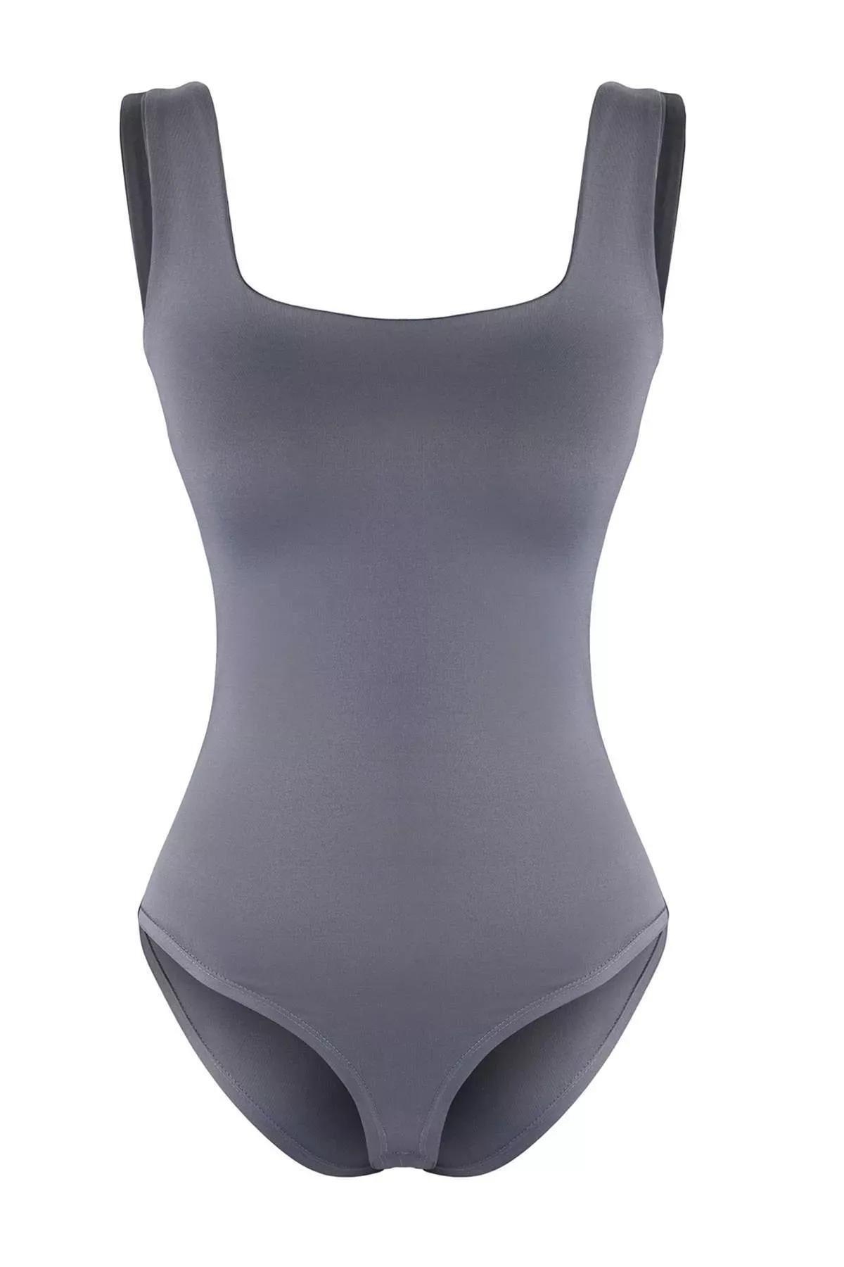 Grey Square Neck Snap Elastic Bodysuit, Anthracite, large image number 4