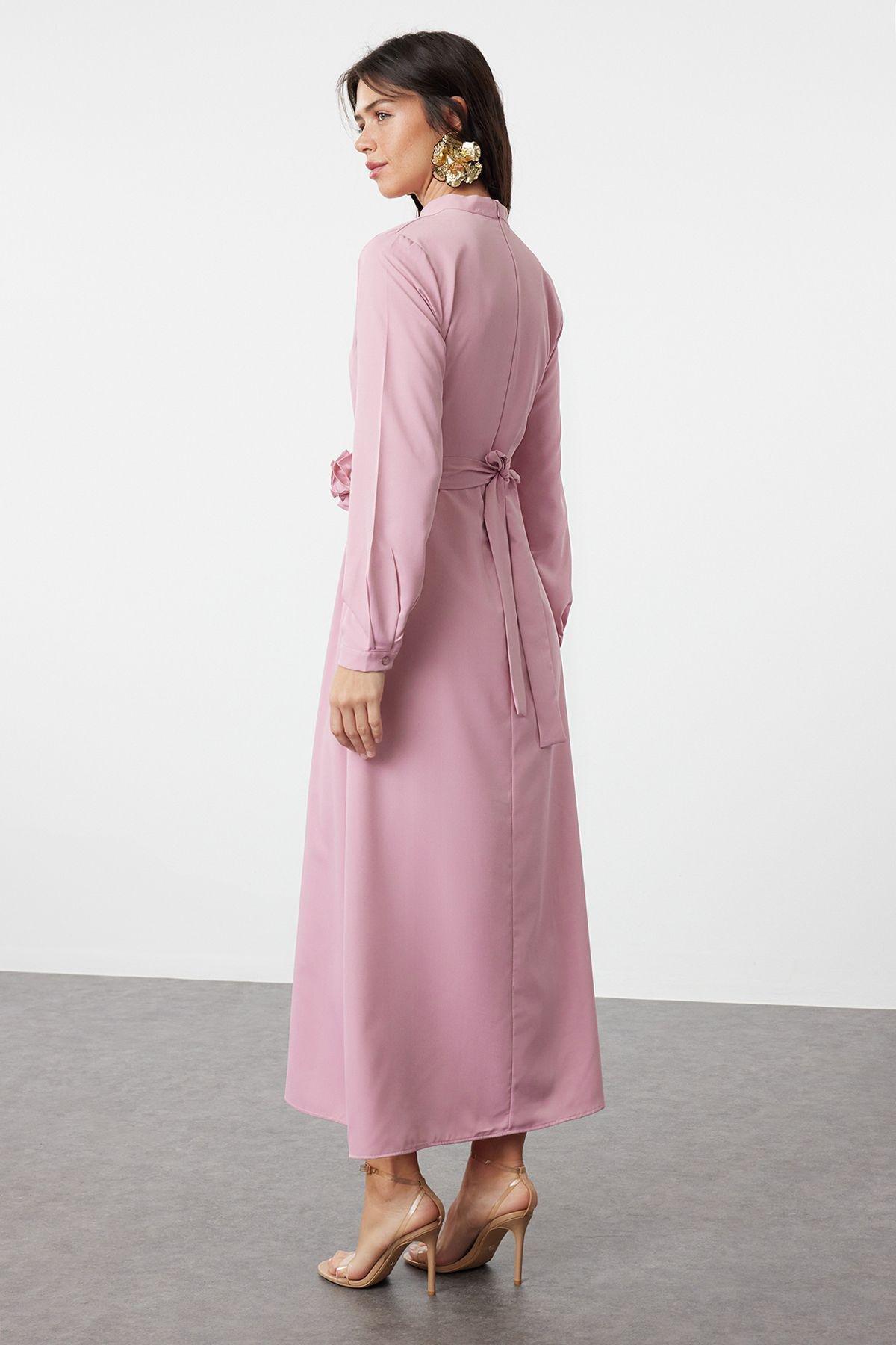فستان منسوج من الساتان بحزام، أحمر, , large image number 1