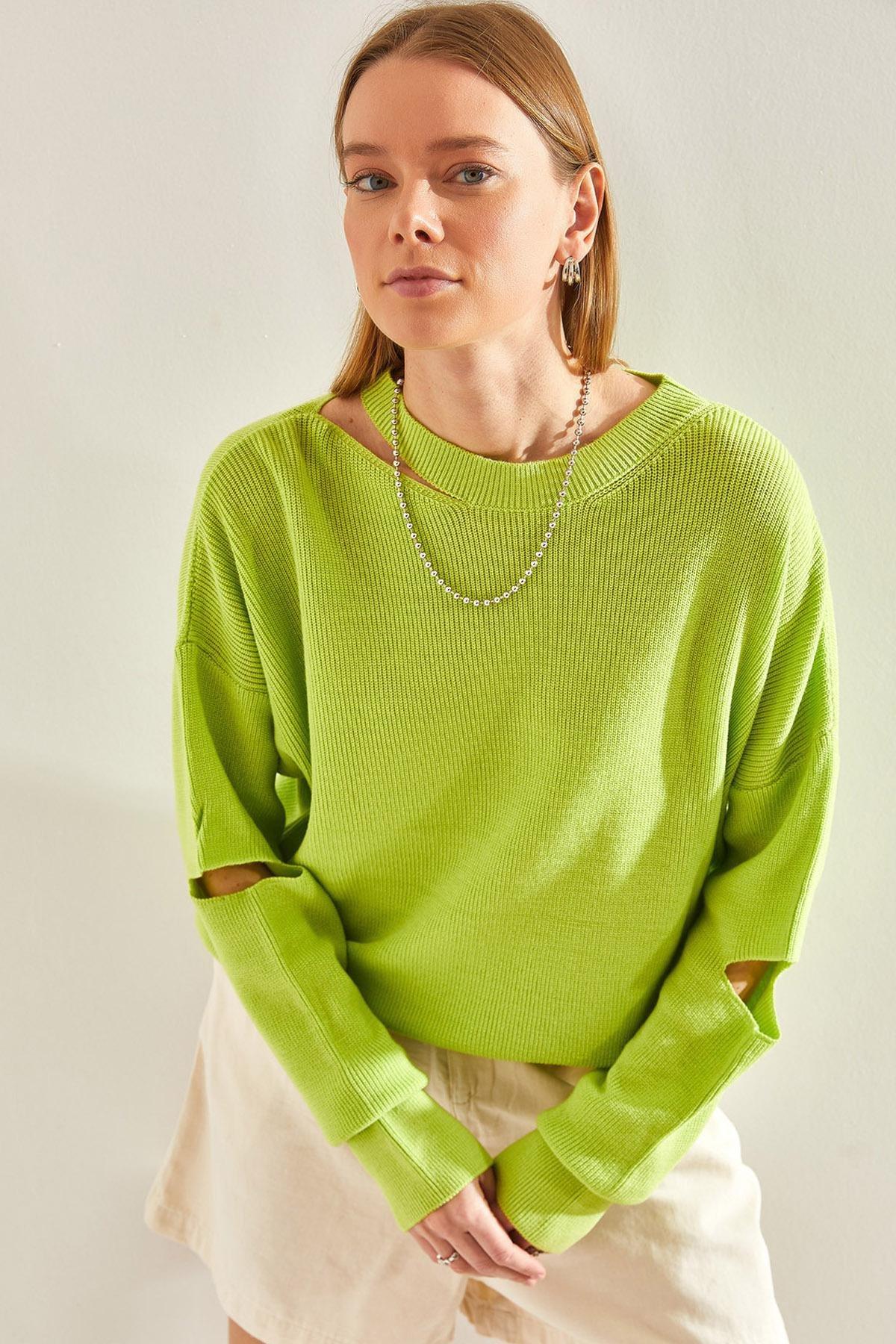 Green Collared Detailed Knitted Blouse, PISTACHIO GREEN, large image number 0