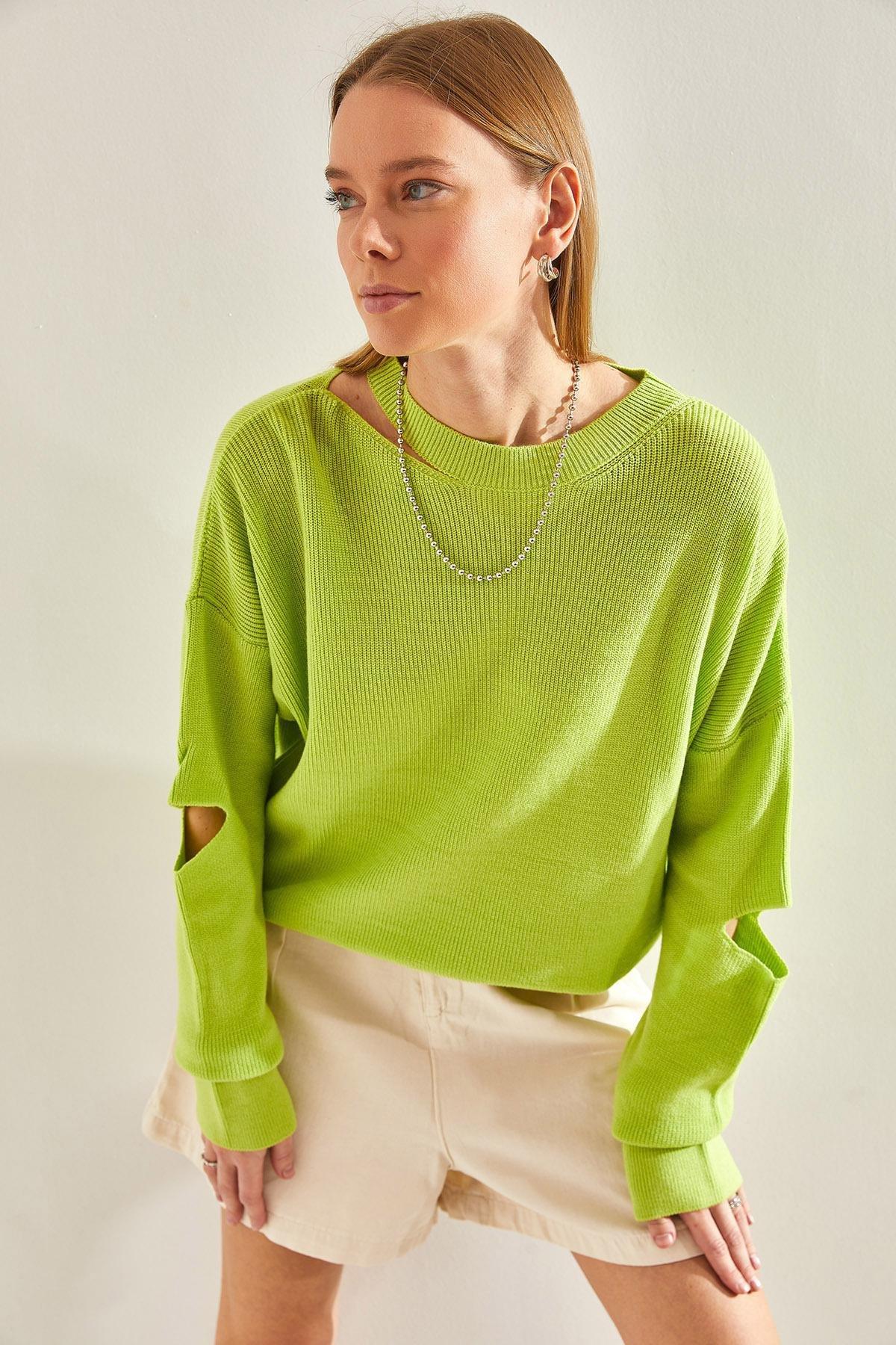 Green Collared Detailed Knitted Blouse, PISTACHIO GREEN, large image number 1
