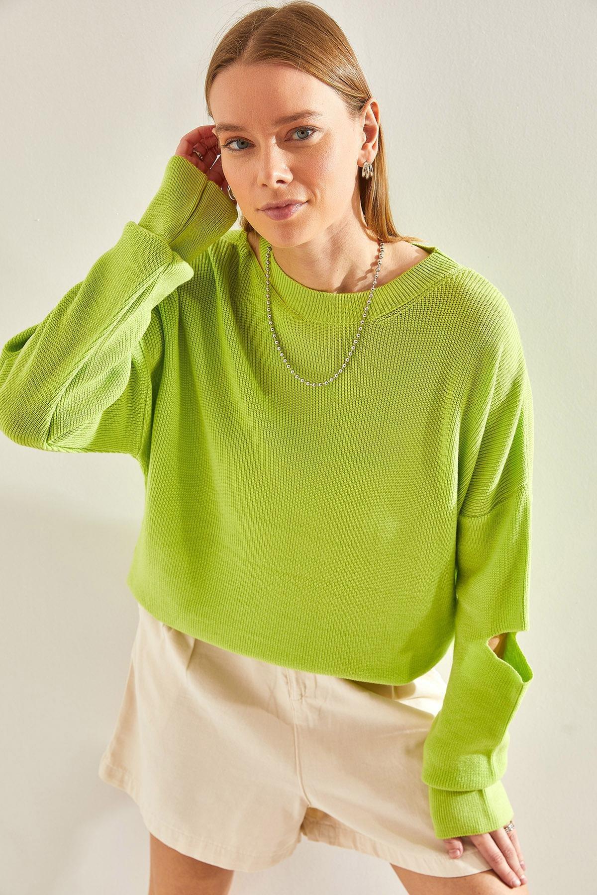 Green Collared Detailed Knitted Blouse, PISTACHIO GREEN, large image number 2