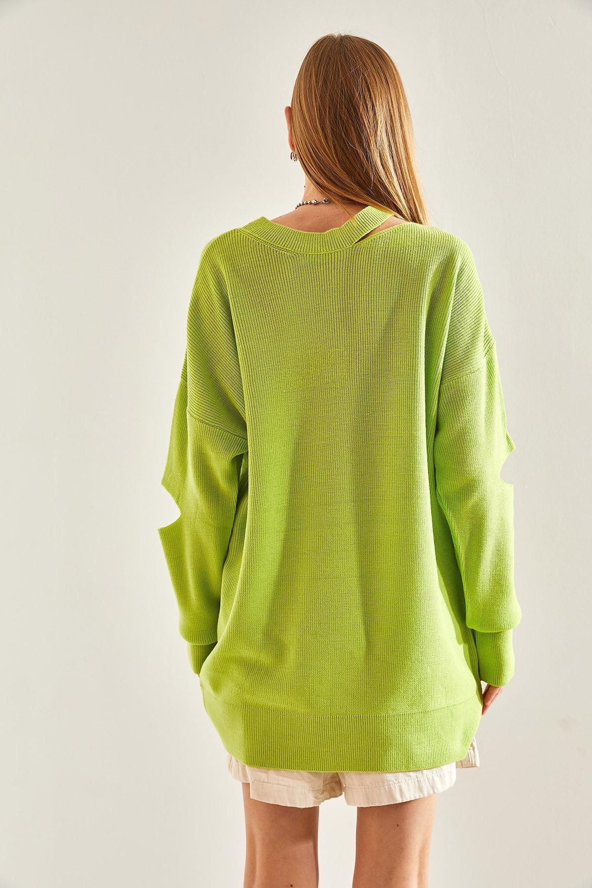Green Collared Detailed Knitted Blouse, PISTACHIO GREEN, large image number 3