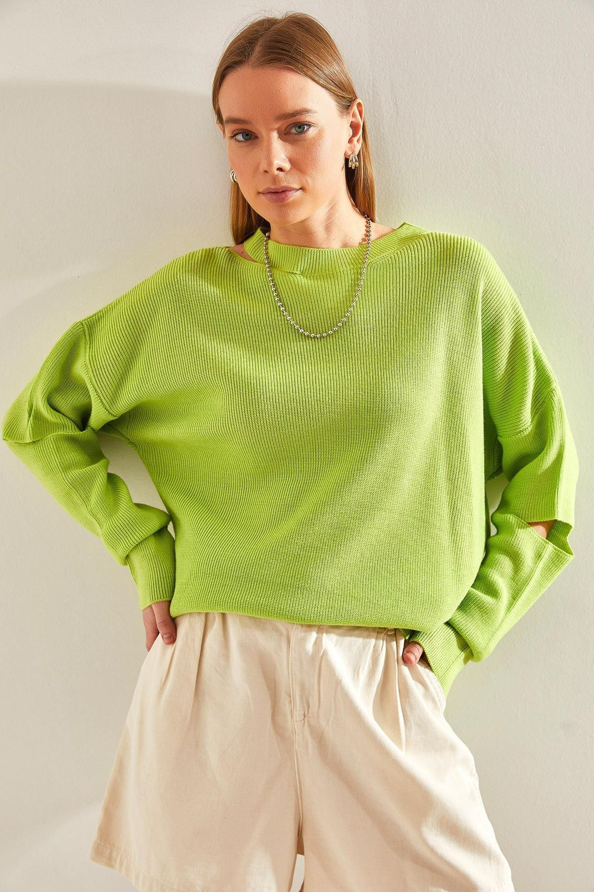 Green Collared Detailed Knitted Blouse, PISTACHIO GREEN, large image number 4