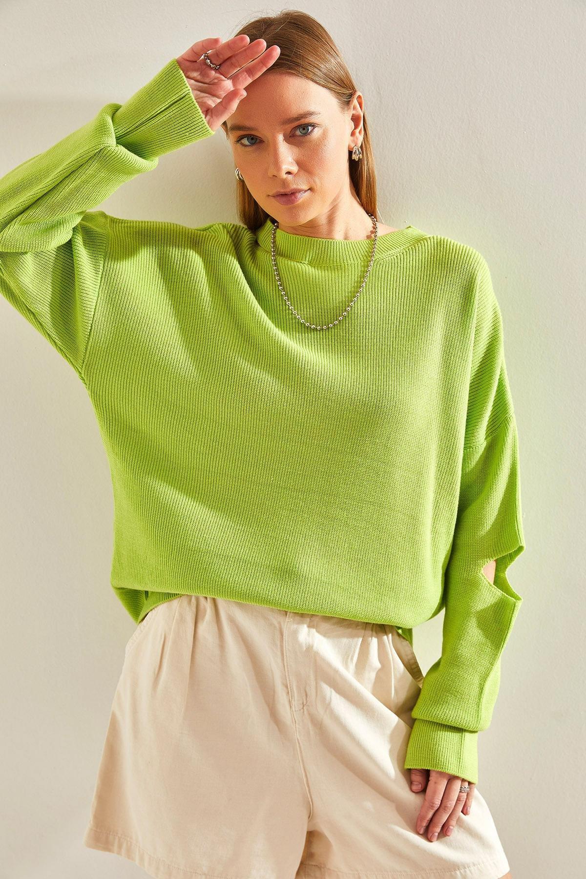 Green Collared Detailed Knitted Blouse, PISTACHIO GREEN, large image number 5