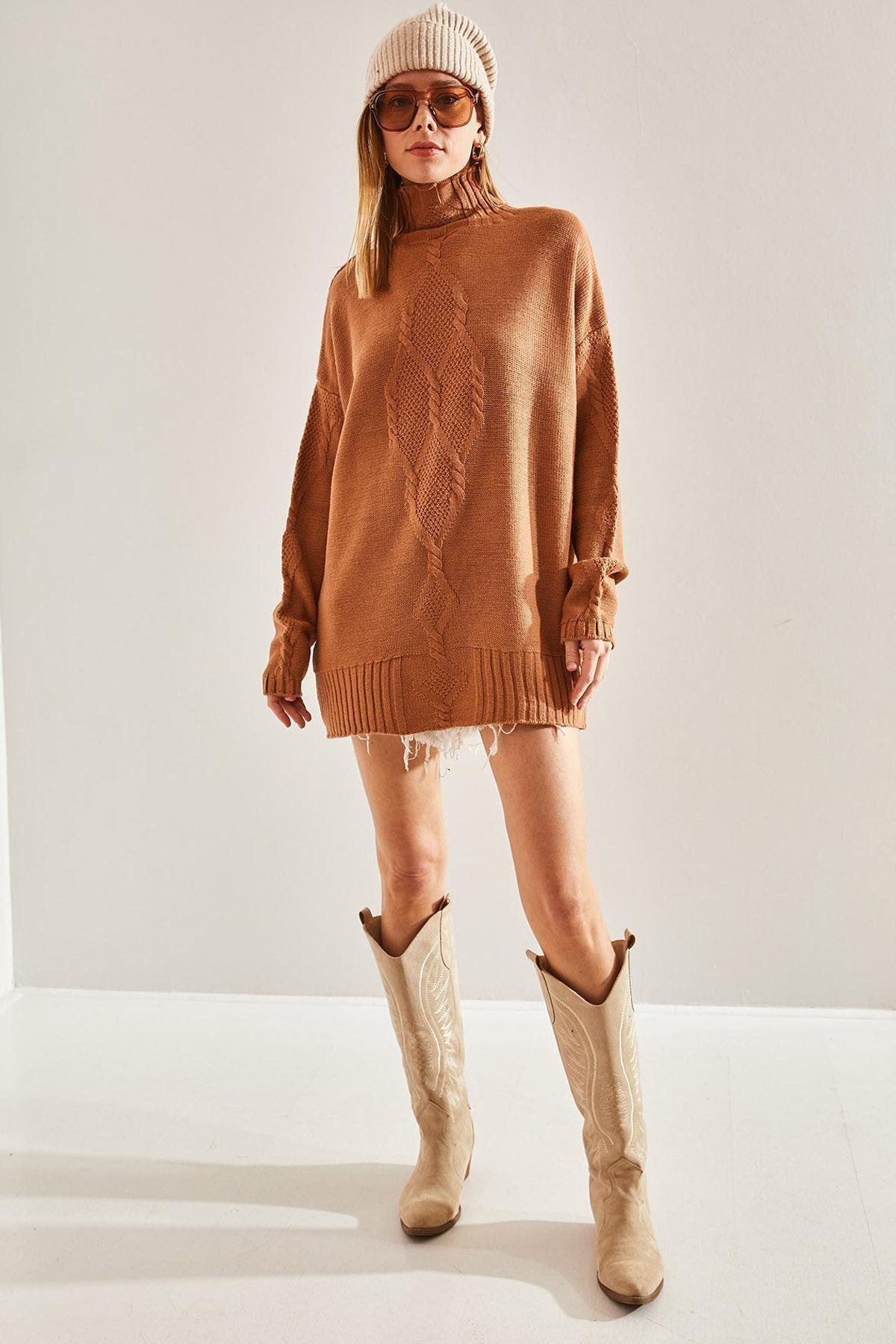 Brown Braided Knitted Sweater, Brown, large image number 0
