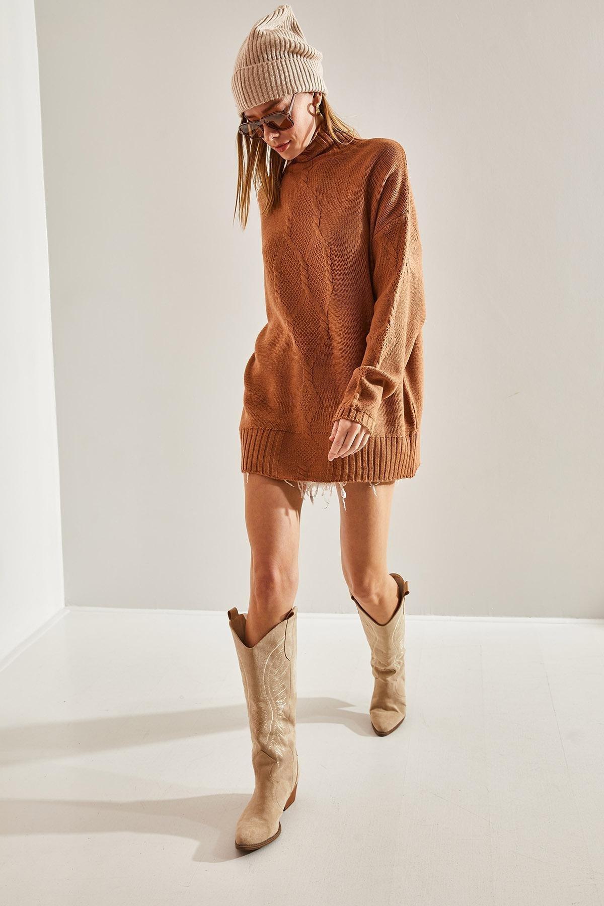 Brown Braided Knitted Sweater, Brown, large image number 1