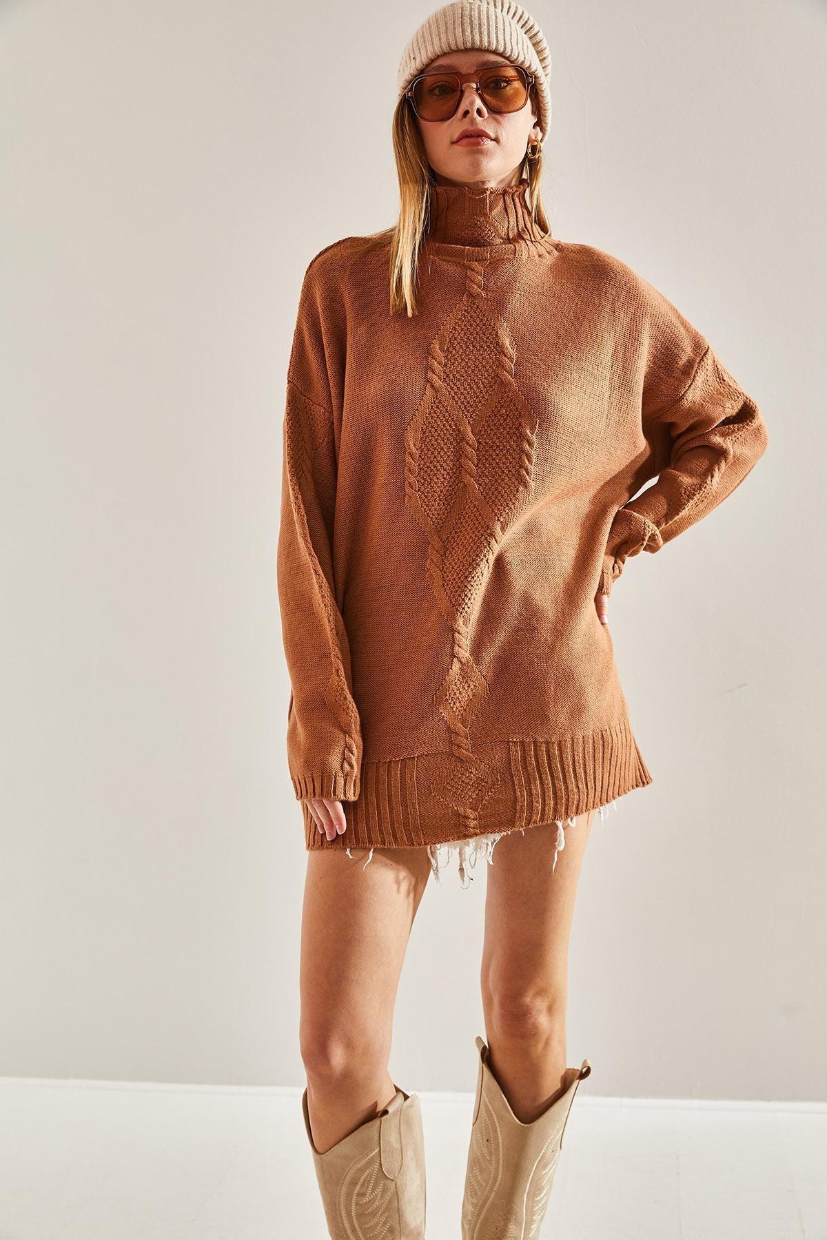 Brown Braided Knitted Sweater, Brown, large image number 3