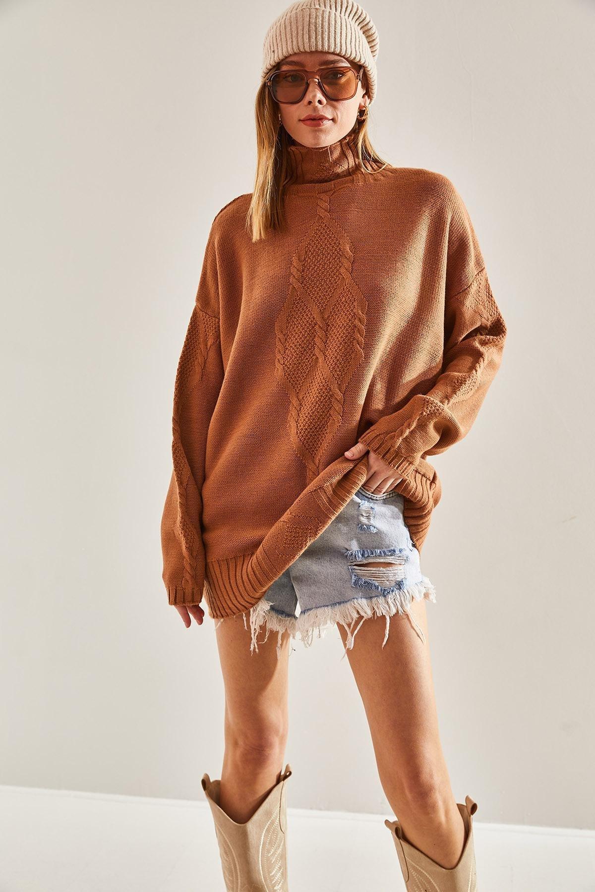 Brown Braided Knitted Sweater, Brown, large image number 4