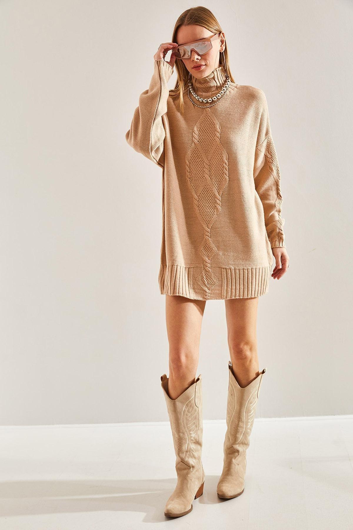 Beige Braided Knitted Sweater, CAMEL, large image number 0
