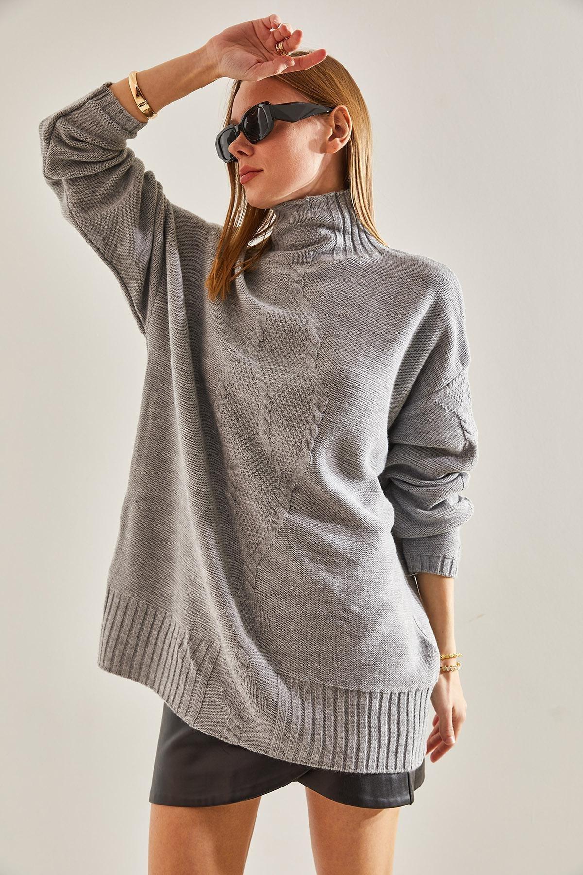 Grey Braided Knitted Sweater, , large image number 1
