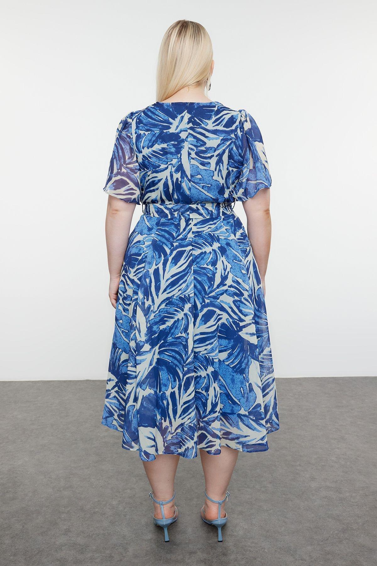 Blue tropical leaf chiffon dress, , large image number 0