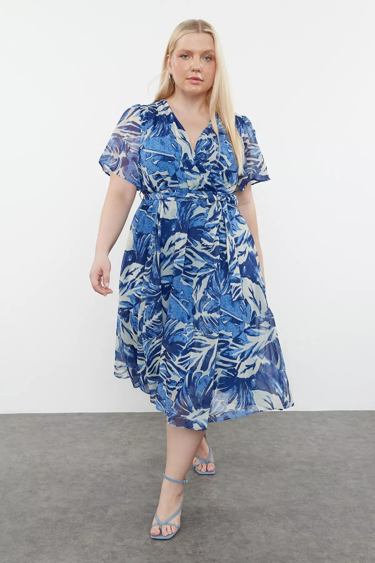 Blue tropical leaf chiffon dress, , large image number 1