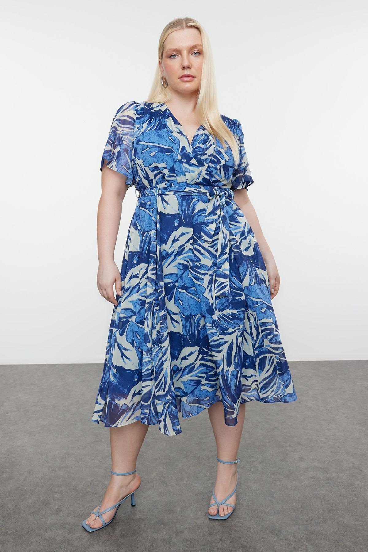 Blue tropical leaf chiffon dress, , large image number 2