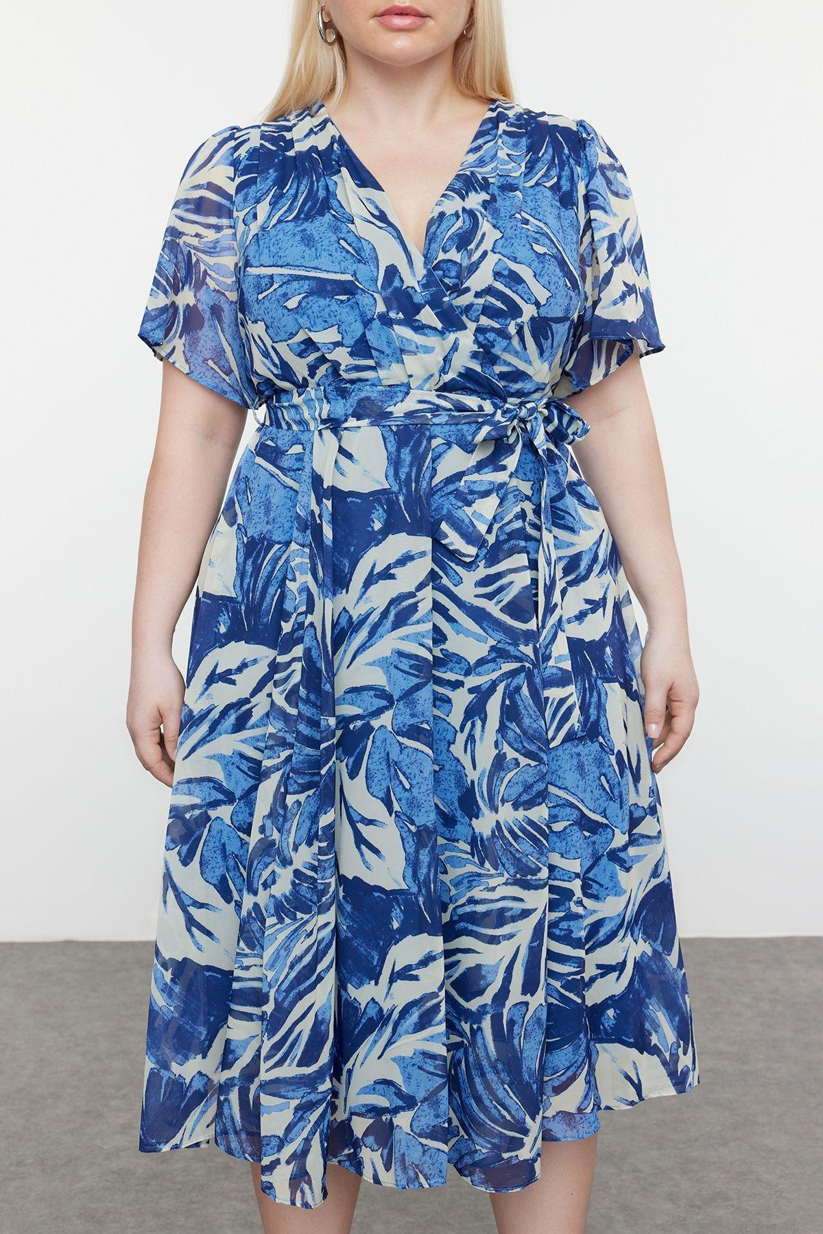Blue tropical leaf chiffon dress, , large image number 4