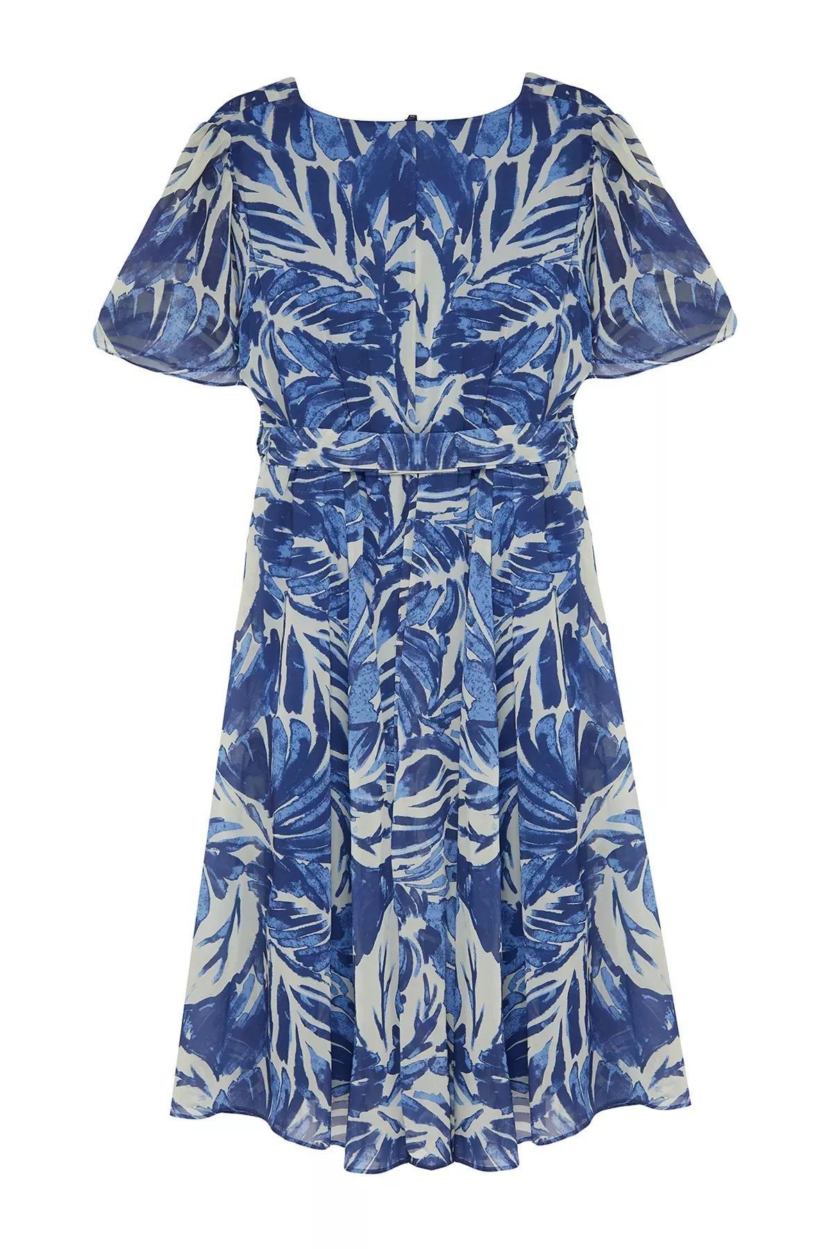 Blue tropical leaf chiffon dress, , large image number 5