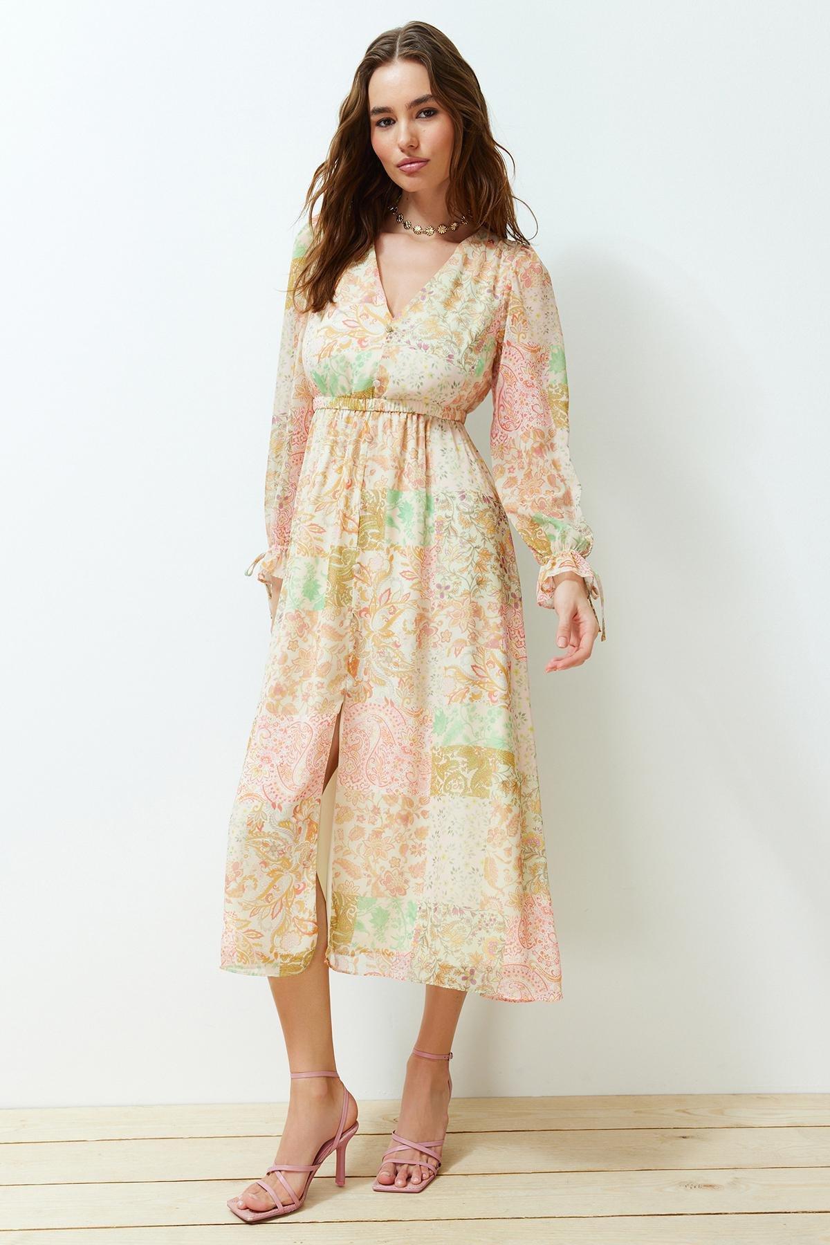 Powder Paisley Patterned Chiffon Lined Maxi Woven Dress TWOSS24EL00635, , large image number 0
