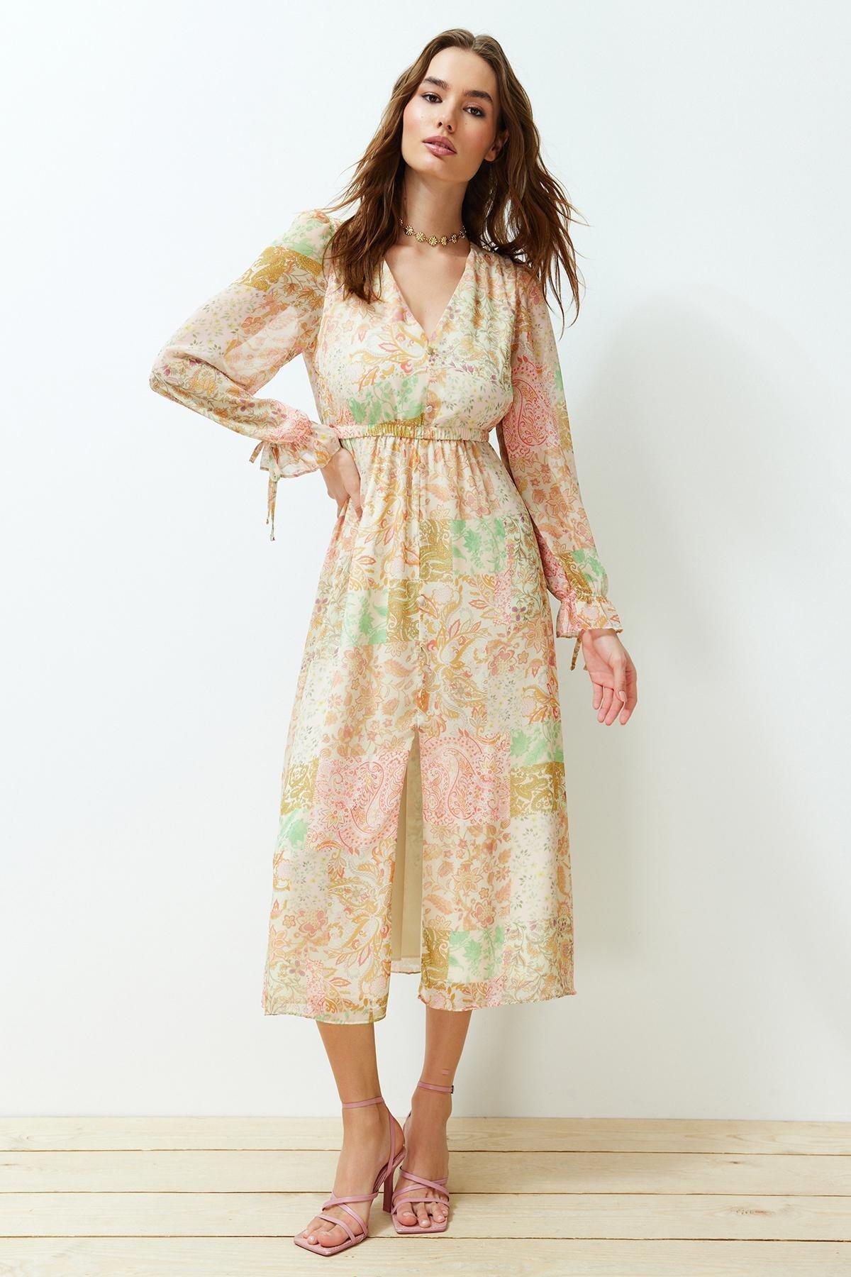 Powder Paisley Patterned Chiffon Lined Maxi Woven Dress TWOSS24EL00635, , large image number 1