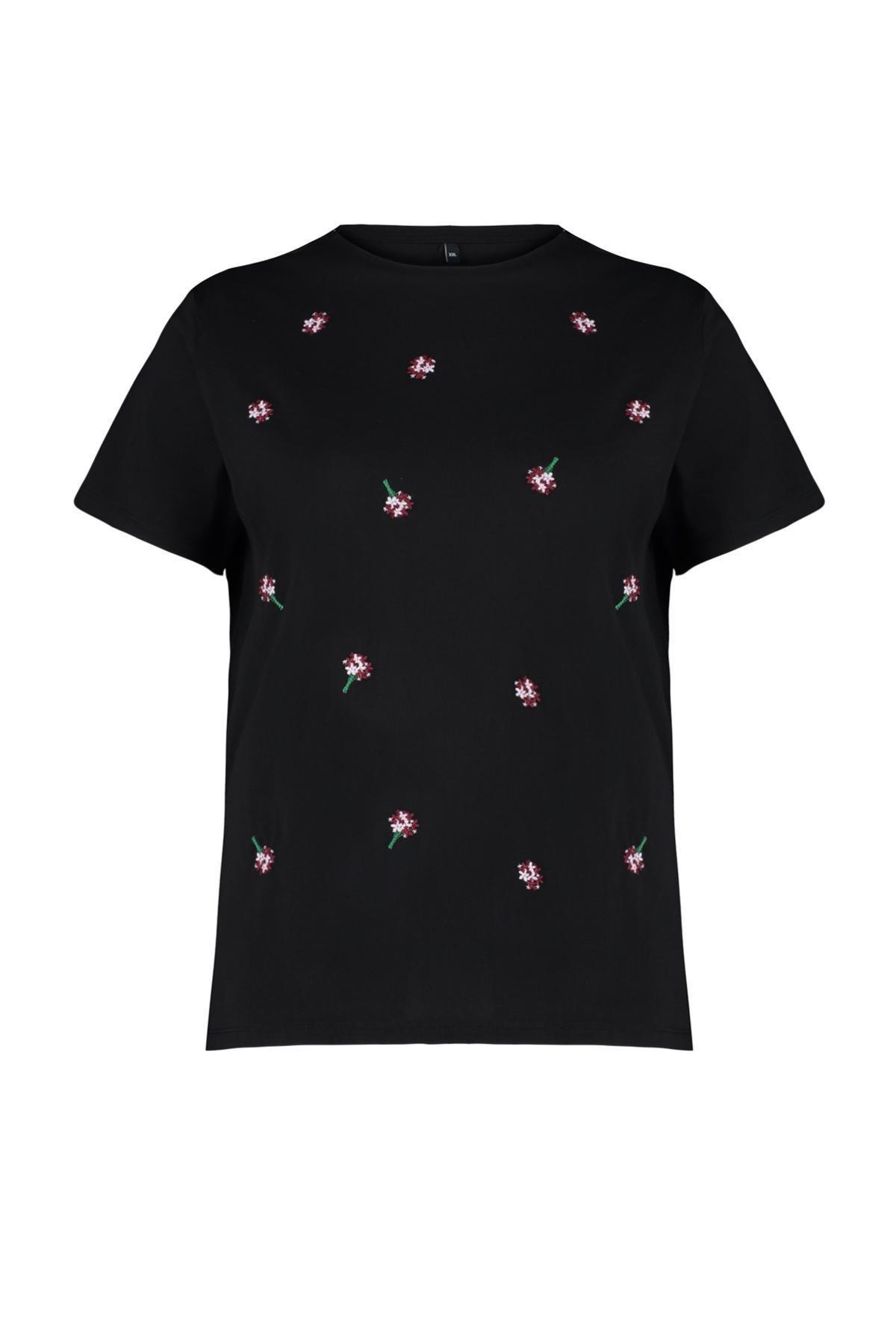 Black Embroidery Detailed Boyfriend 100% Cotton Knitted T-shirt TBBSS24BF00029, , large image number 4