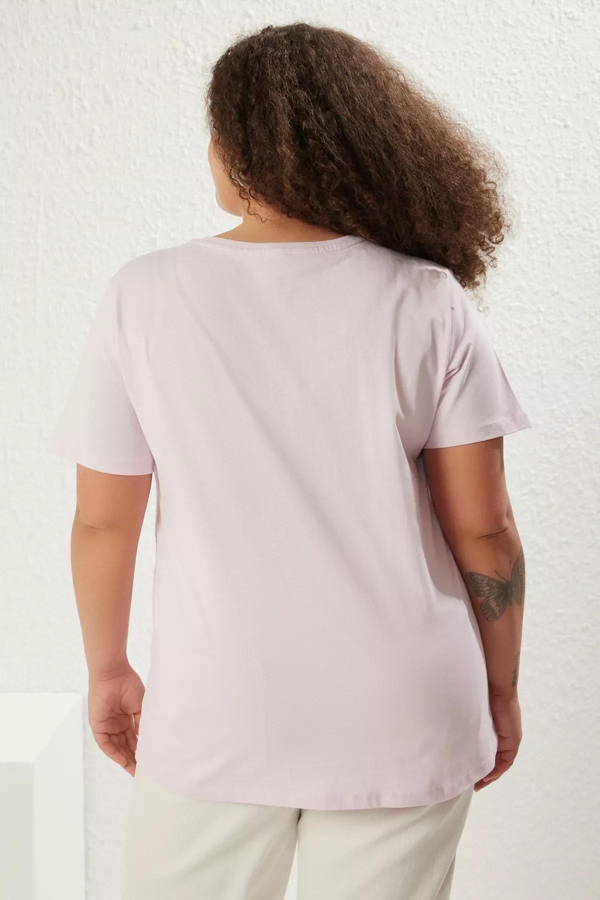 Pink Embroidery Detailed Plus-Size T-Shirt, LIGHT PINK, large image number 4