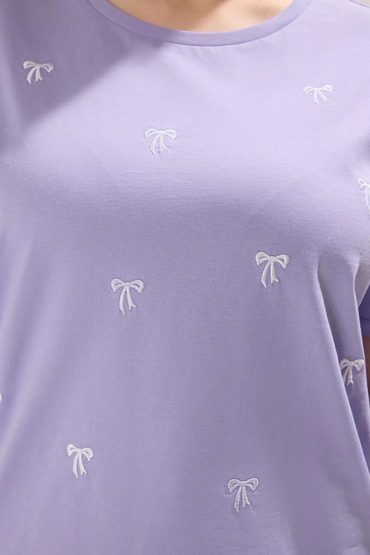 Purple Bow Embroidery Cotton T-Shirt, , large image number 2