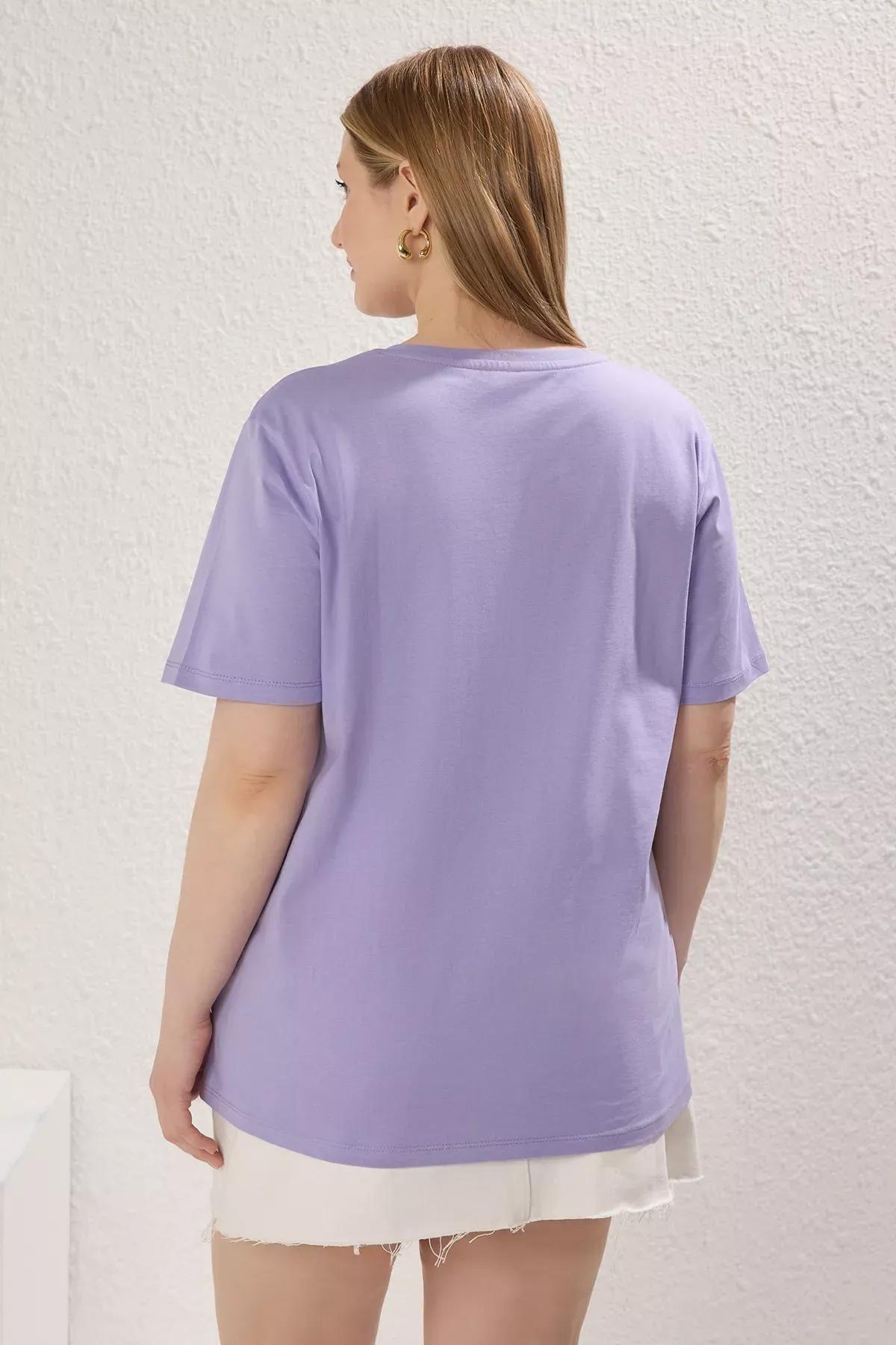 Purple Bow Embroidery Cotton T-Shirt, , large image number 3